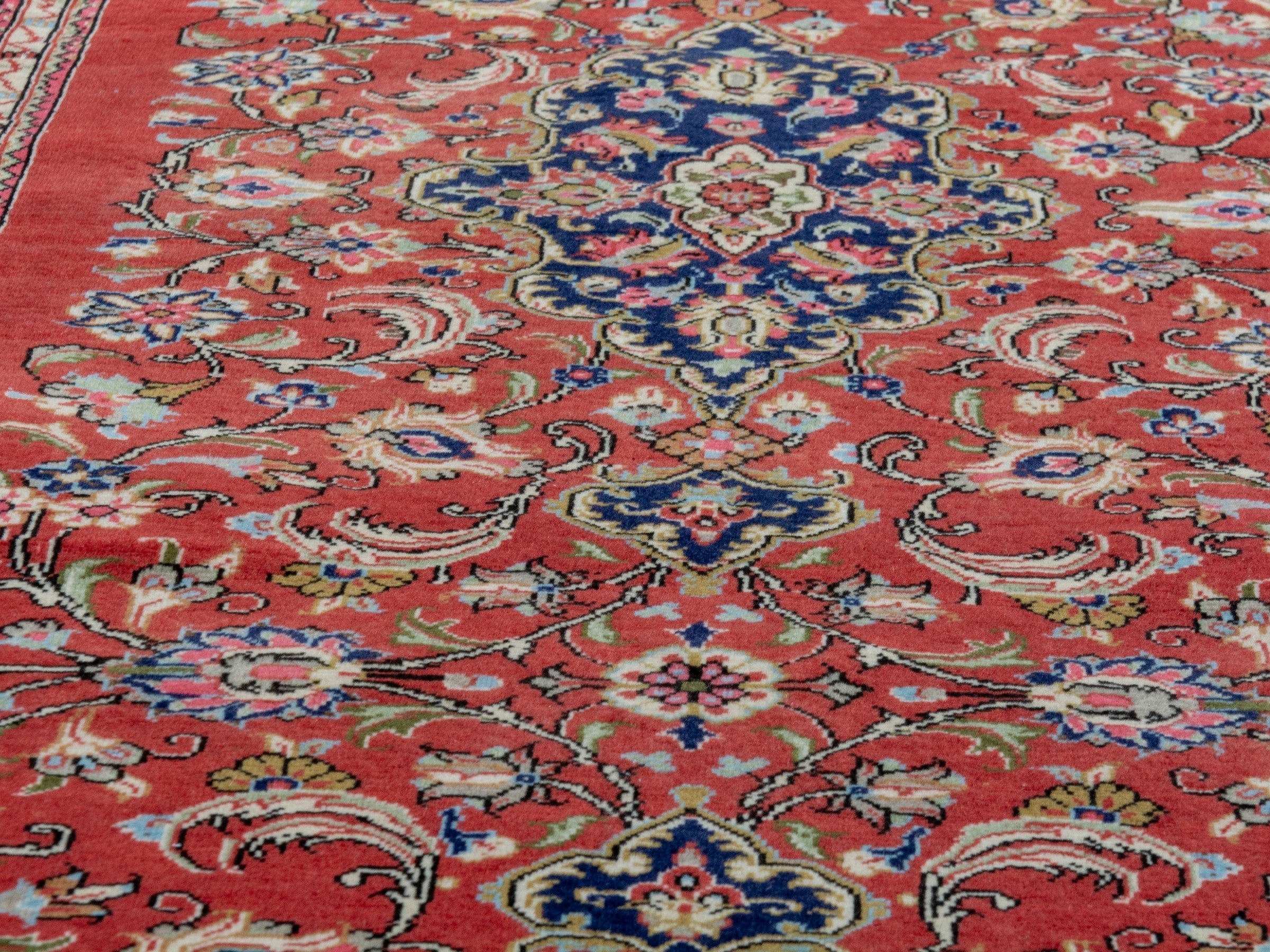Persian Qom runner rug in deep red and navy, view 7 of 17