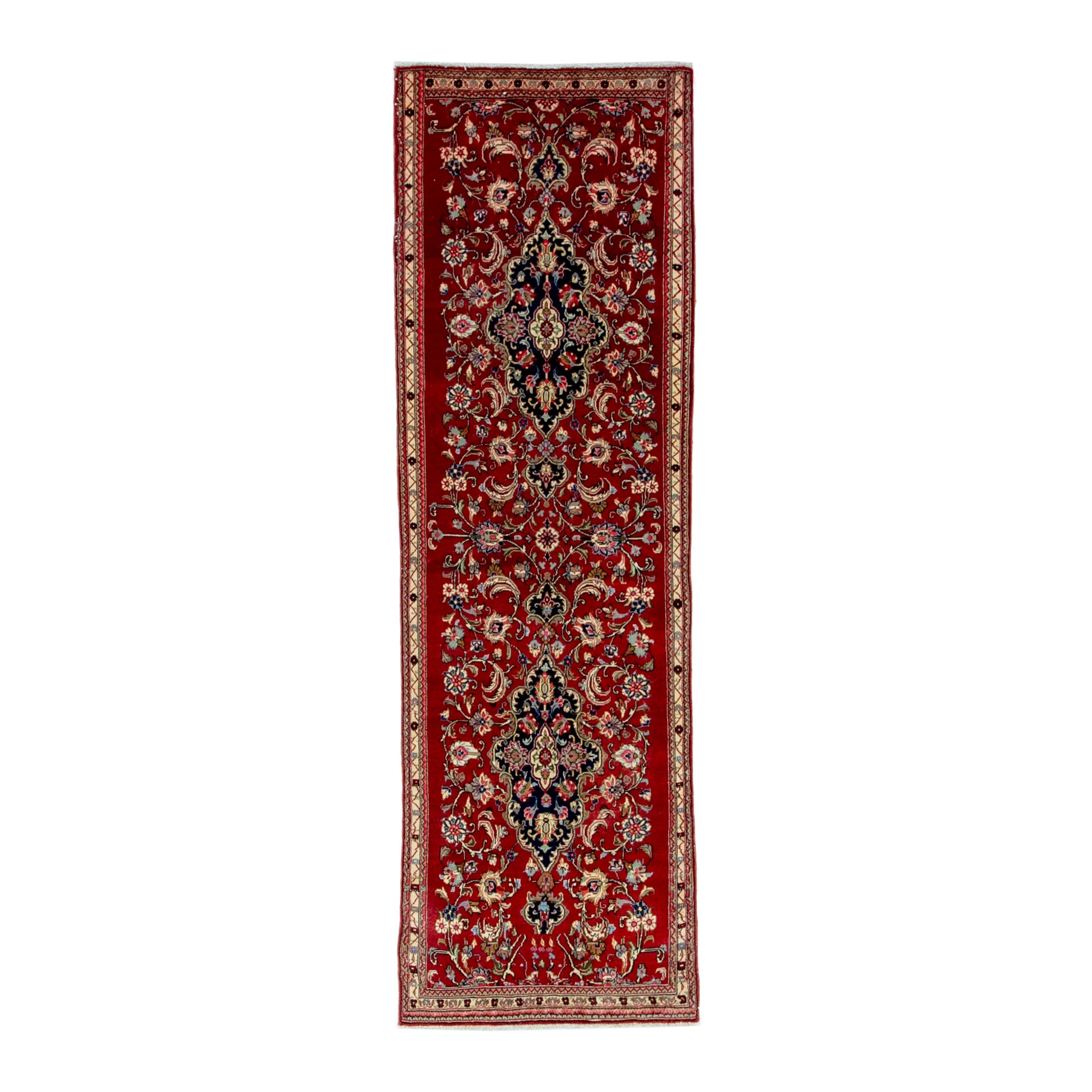 Persian Qom runner rug in deep red and navy, 2'3" x 6'11"