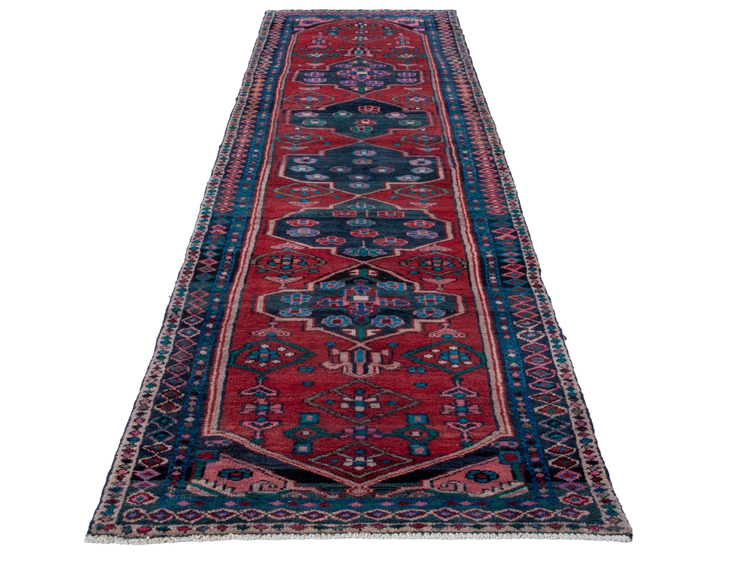 Persian Zanjan runner rug in deep red and dark blue, view 2 of 18