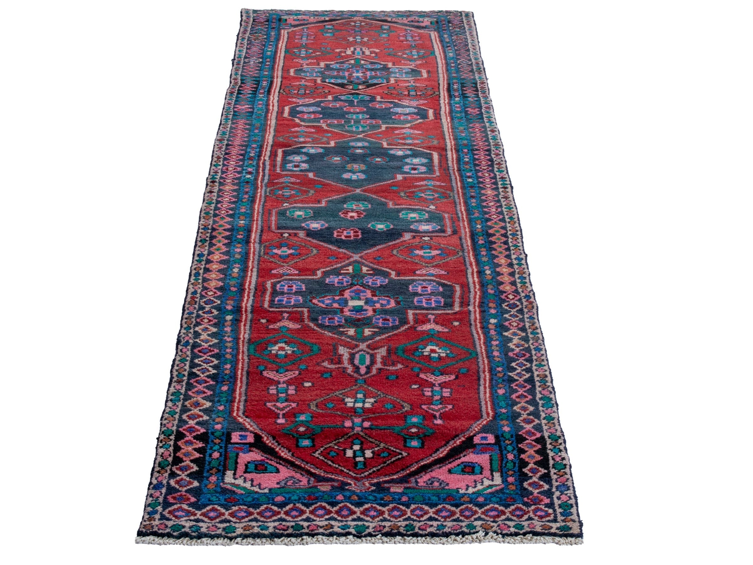 Persian Zanjan runner rug in deep red and dark blue, view 3 of 18