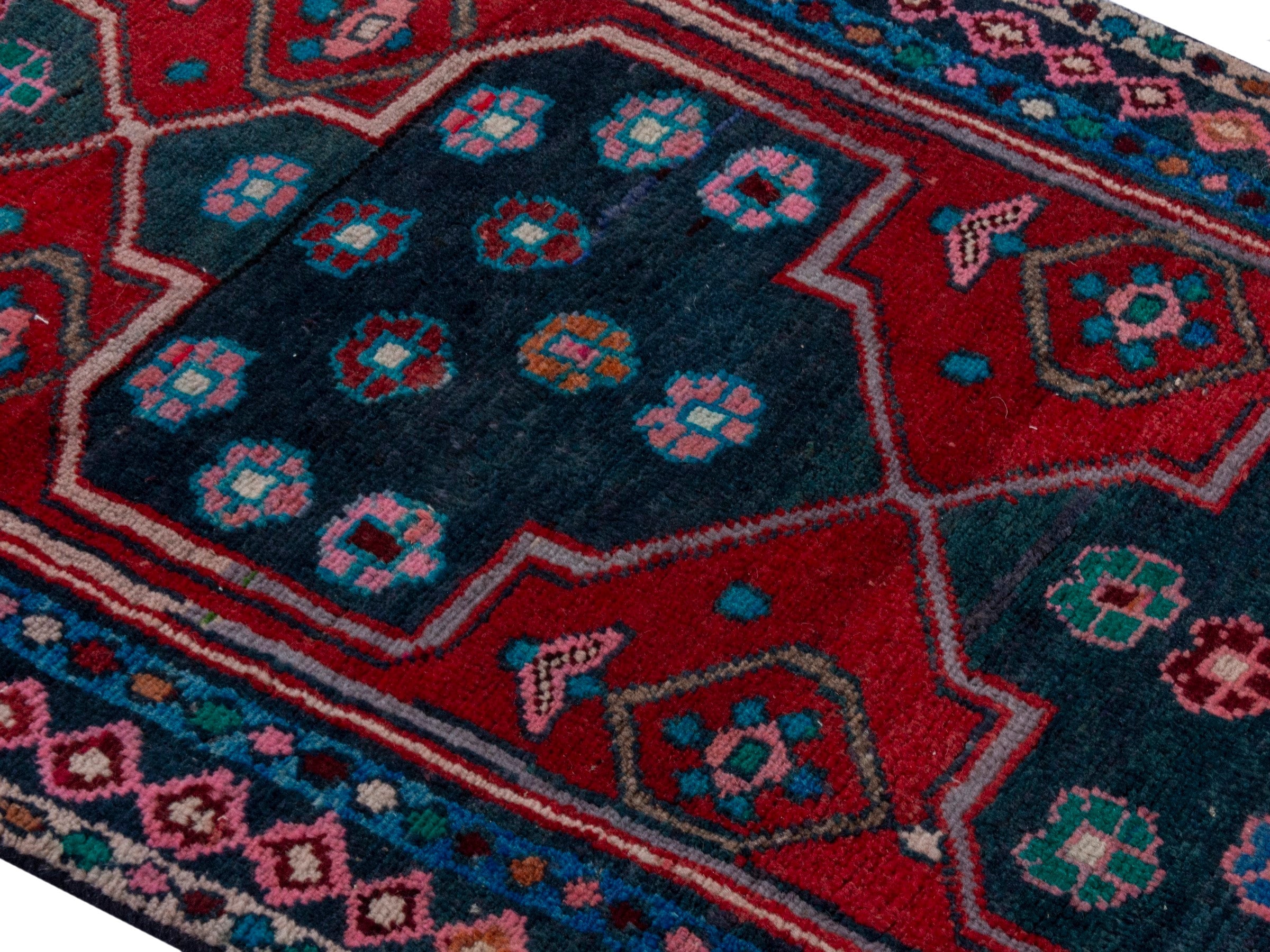 Persian Zanjan runner rug in deep red and dark blue, view 4 of 18