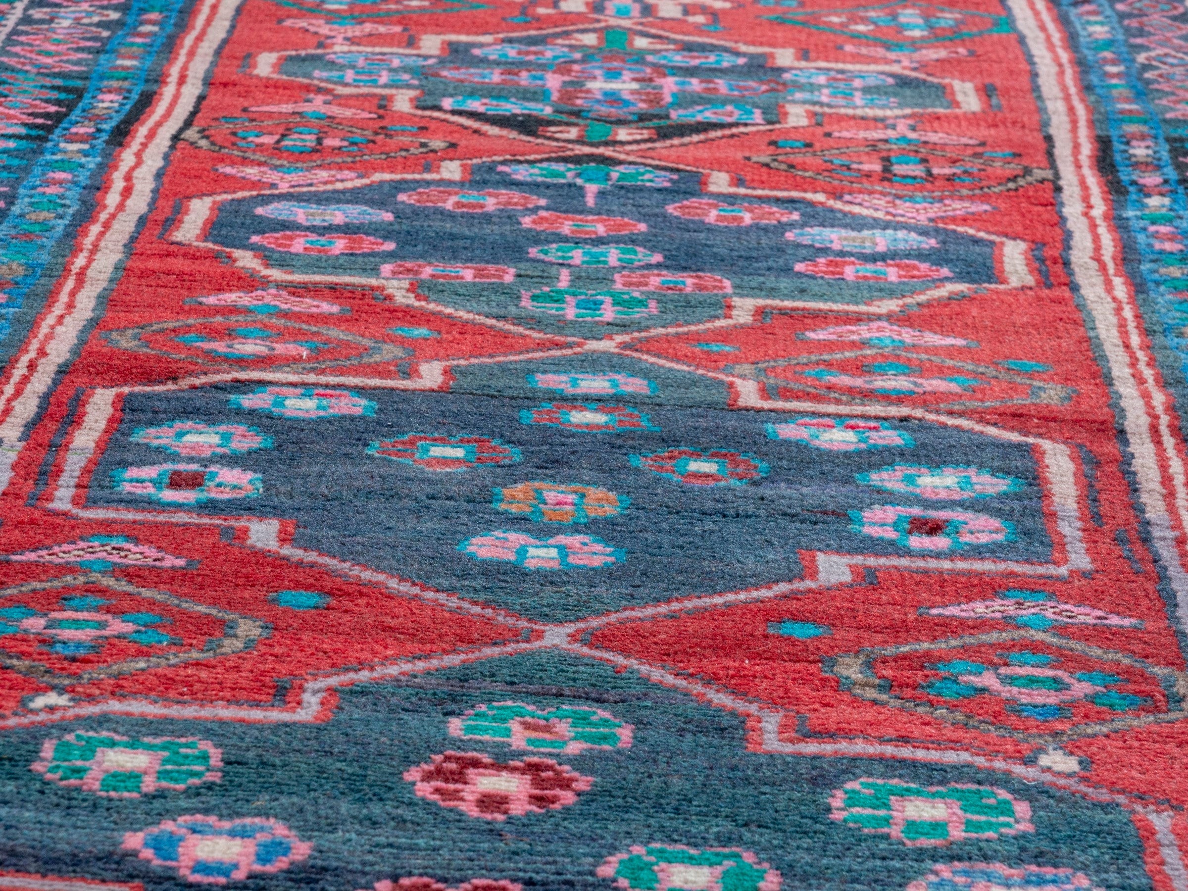Persian Zanjan runner rug in deep red and dark blue, view 7 of 18