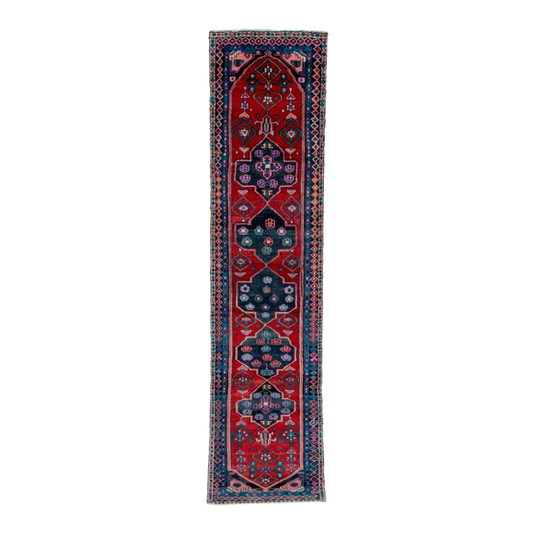 Persian Zanjan runner rug in deep red and dark blue, 2'7" x 12'2"