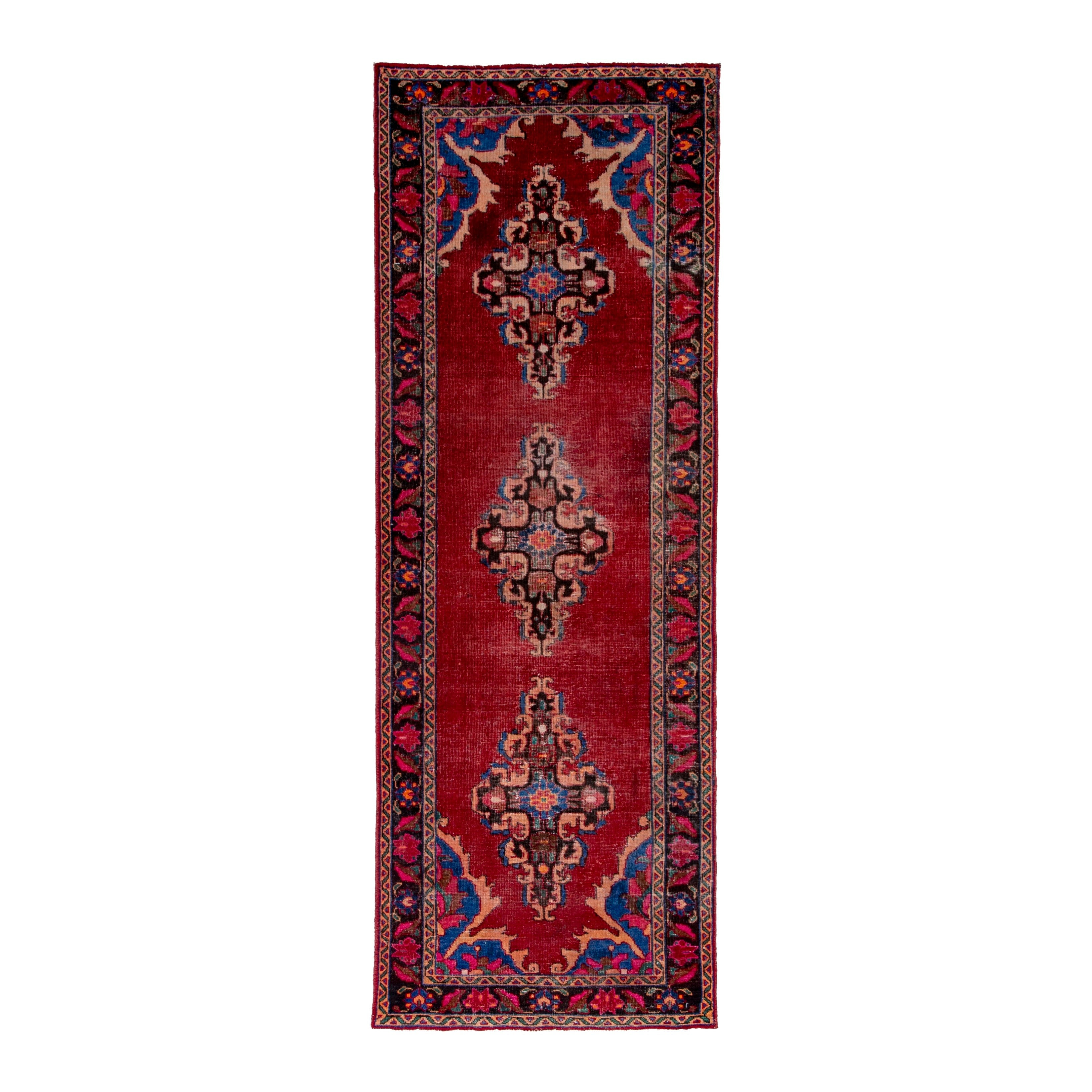 Persian Ferdos runner rug in deep red and burgundy, 3'7" x 10'3"