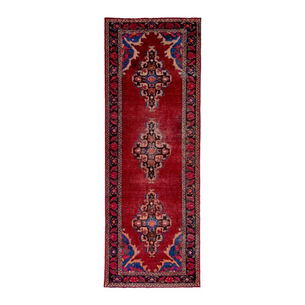 Persian Ferdos runner rug in deep red and burgundy, 3'7" x 10'3"