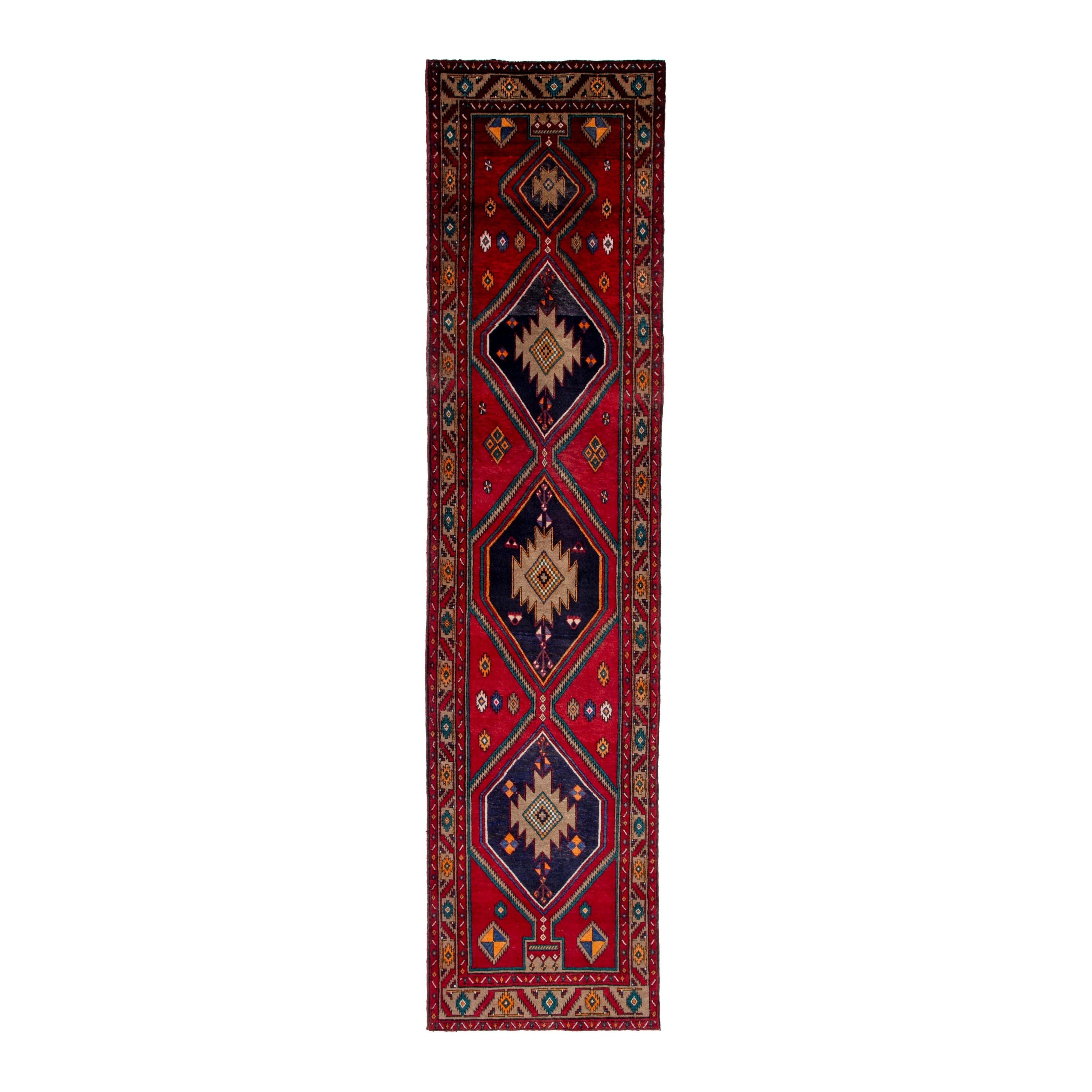 Persian Azerbaijan area rug in deep red and navy, 4' x 15'