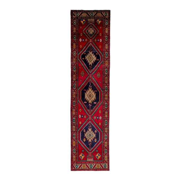 Persian Azerbaijan runner rug in deep red and navy, 4' x 15'