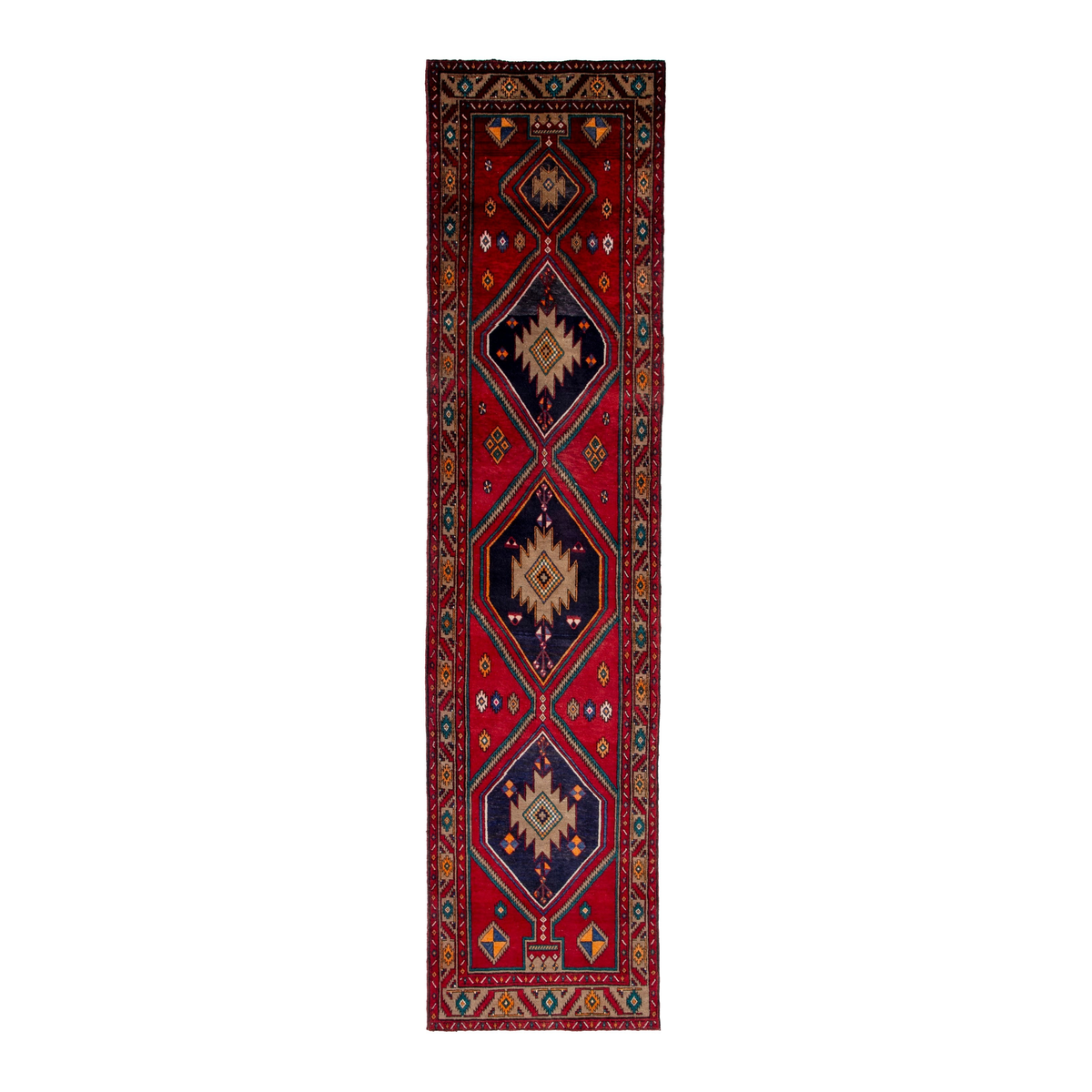 Persian Azerbaijan area rug in deep red and navy, 4' x 15'
