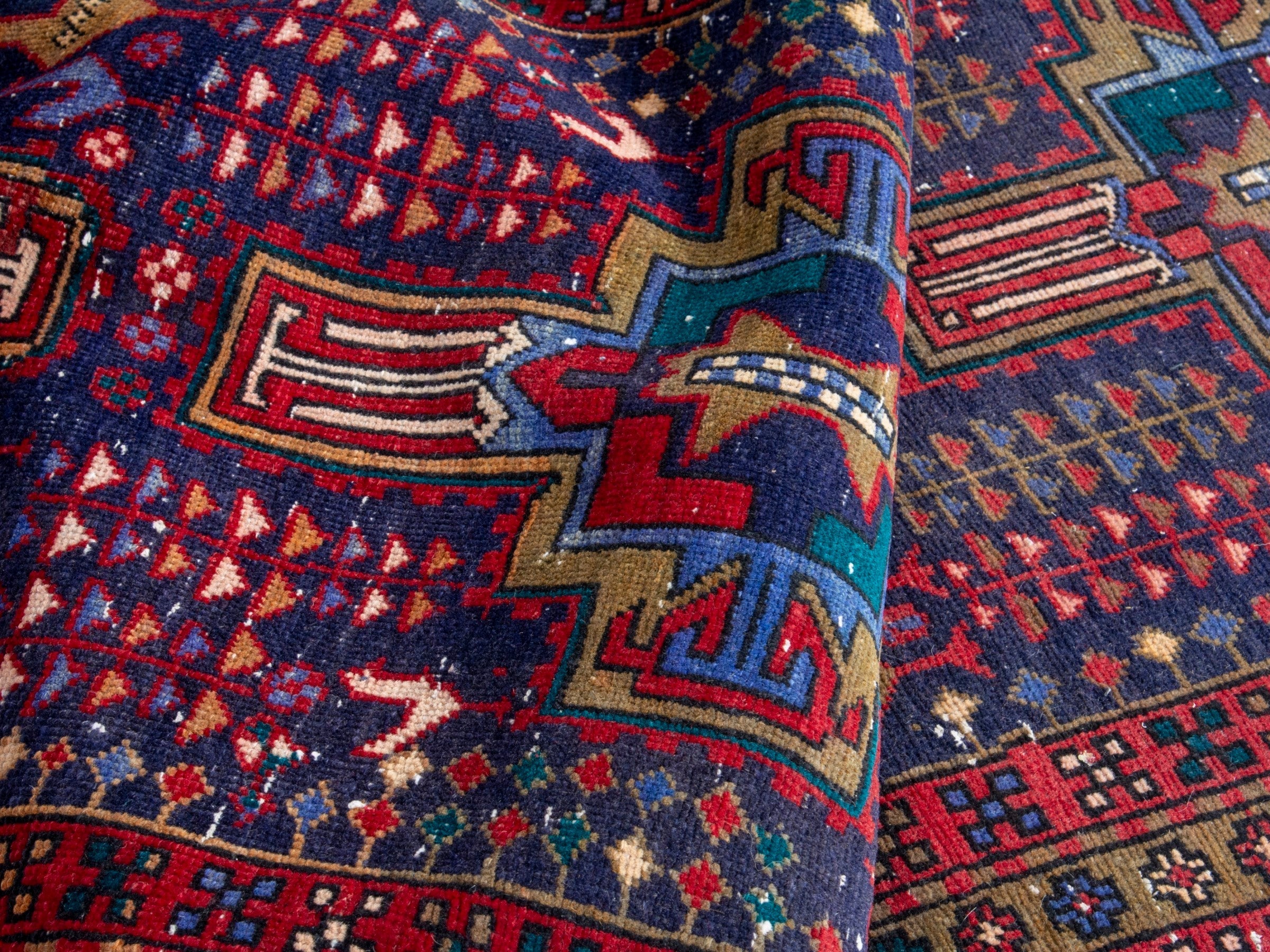 Persian Azerbaijan runner rug in navy and burgundy, view 15 of 19