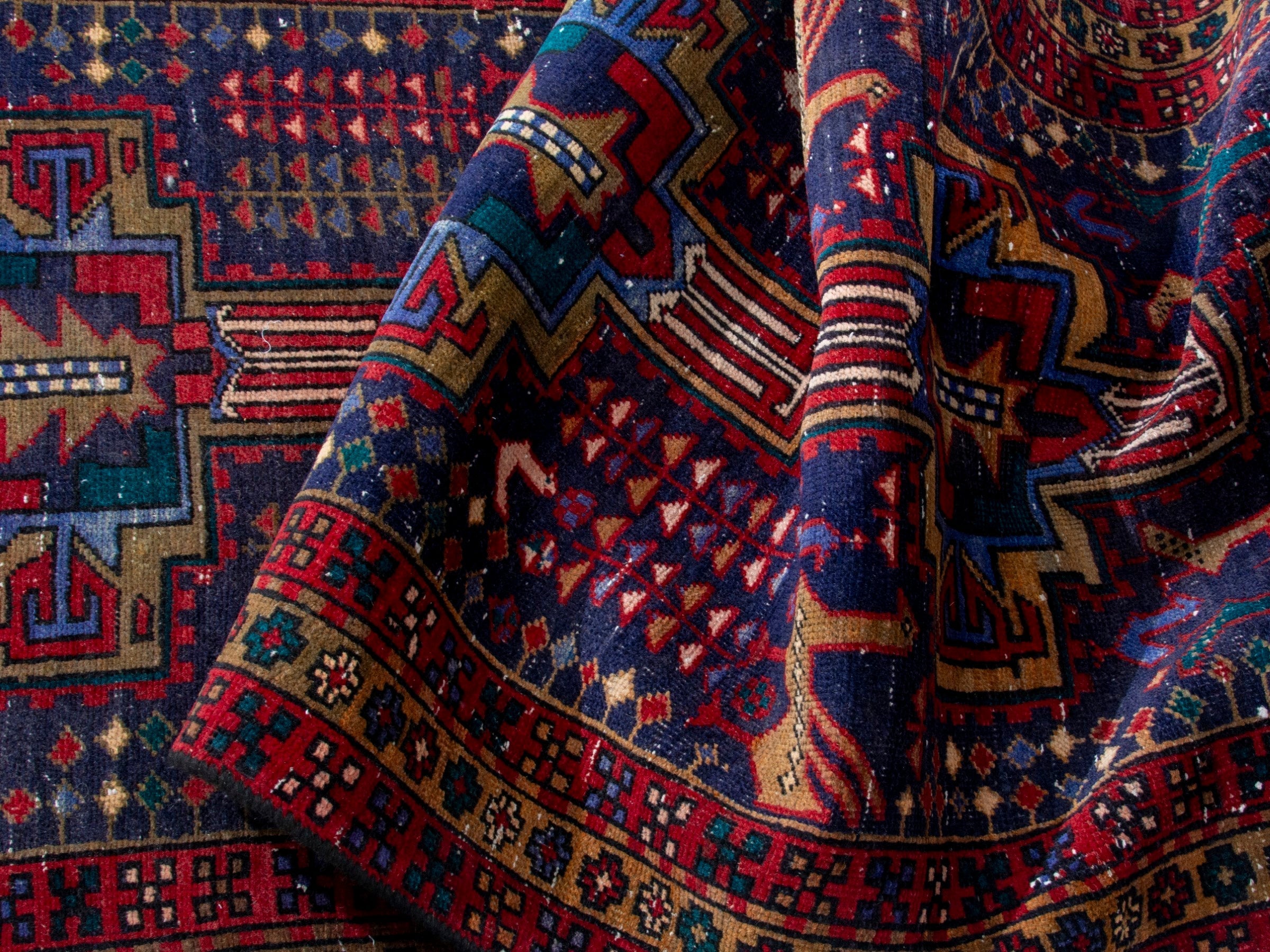 Persian Azerbaijan runner rug in navy and burgundy, view 17 of 19