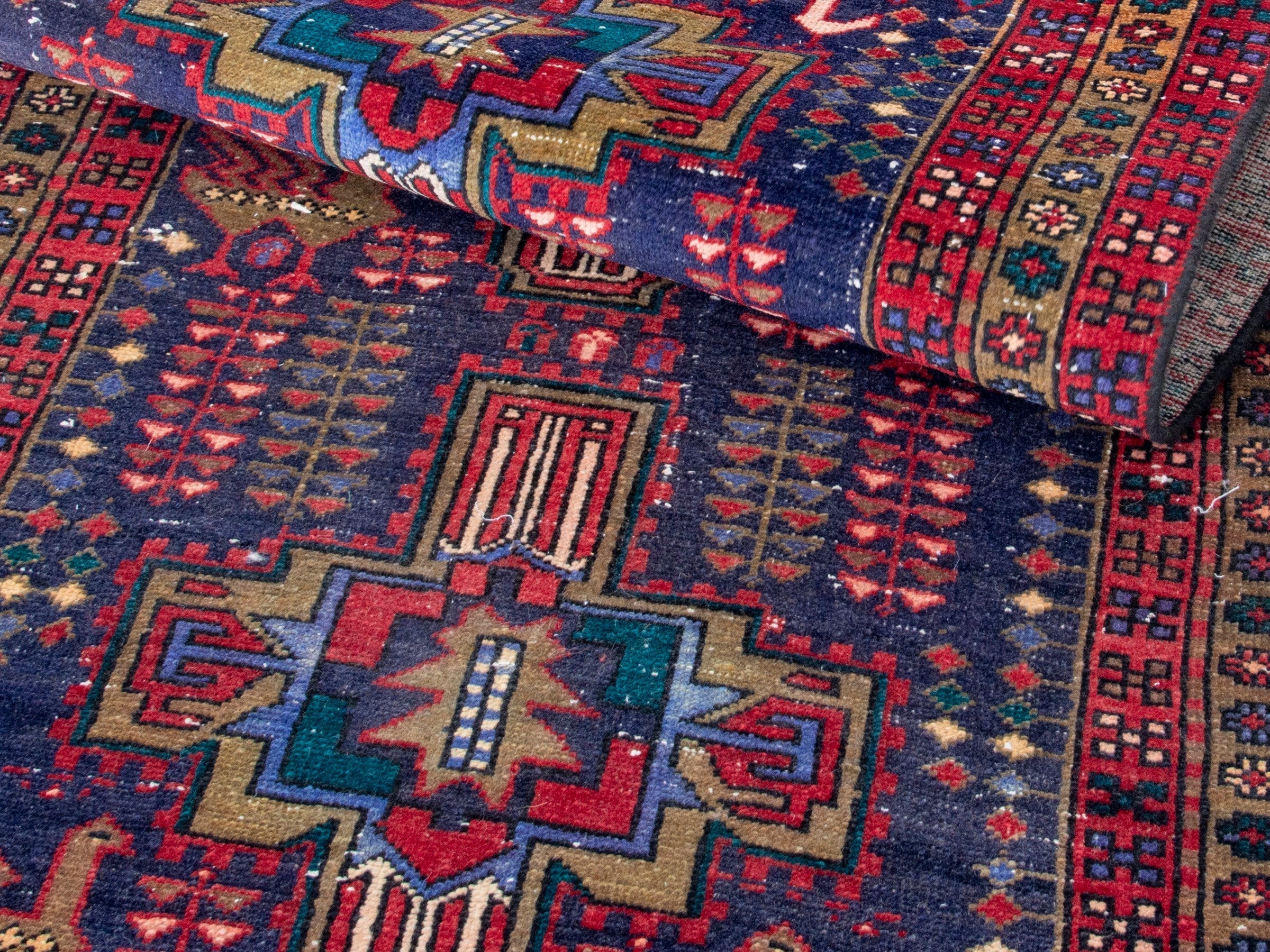 Persian Azerbaijan runner rug in navy and burgundy, view 18 of 19
