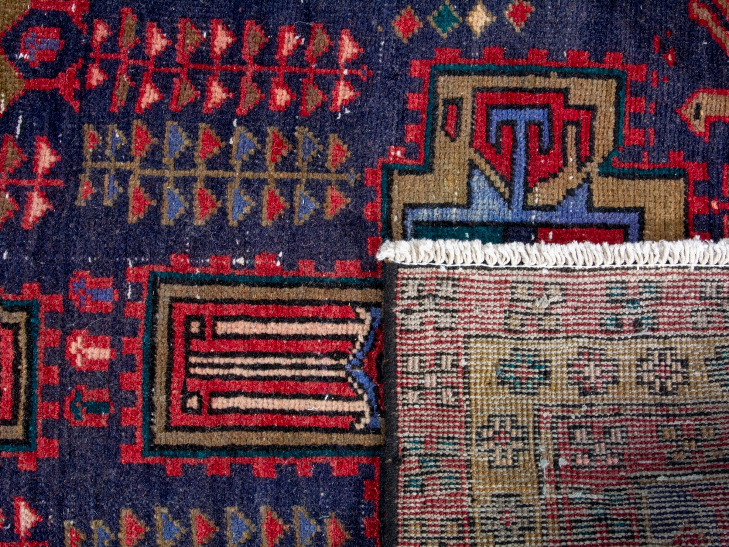 Persian Azerbaijan runner rug in navy and burgundy, view 19 of 19