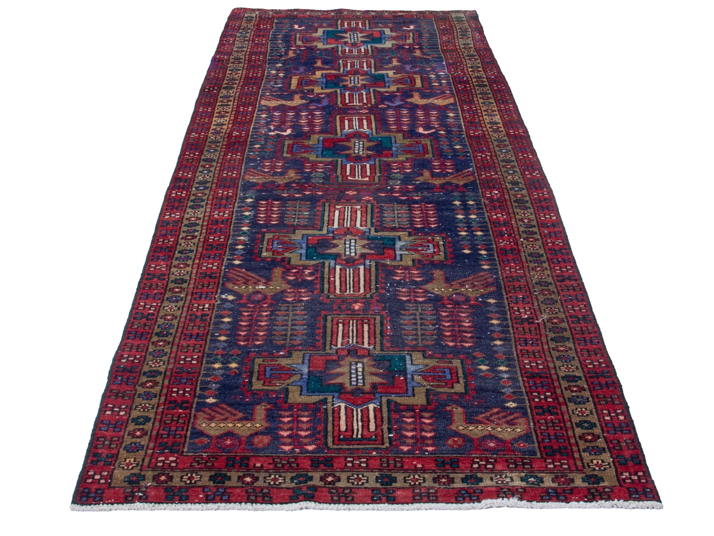Persian Azerbaijan runner rug in navy and burgundy, view 2 of 19