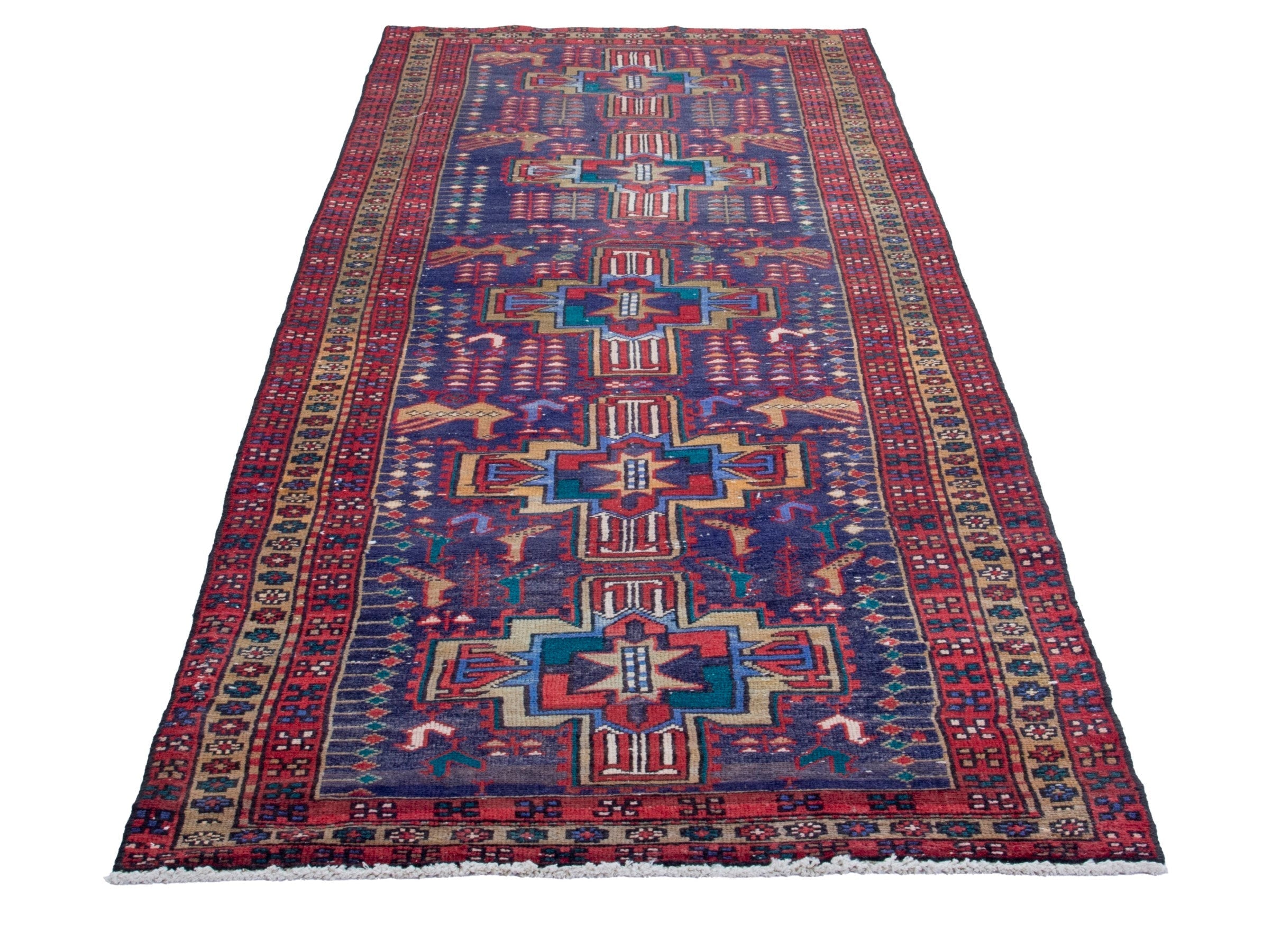 Persian Azerbaijan runner rug in navy and burgundy, view 3 of 19