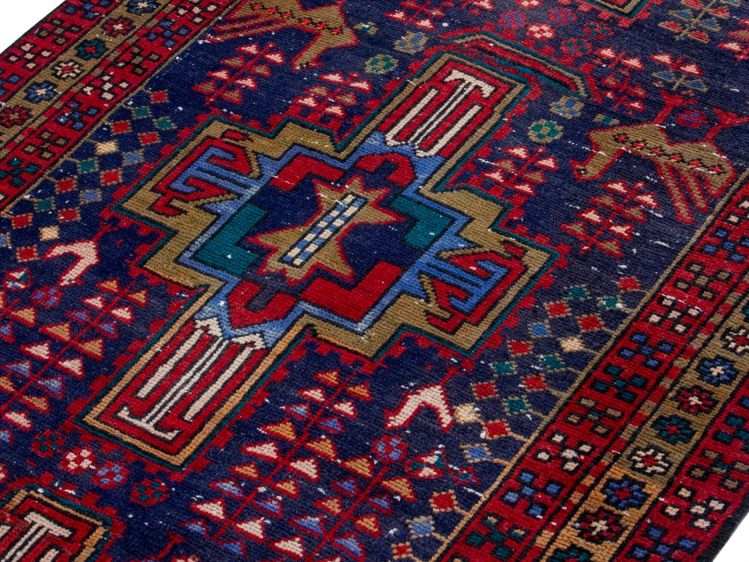 Persian Azerbaijan runner rug in navy and burgundy, view 4 of 19