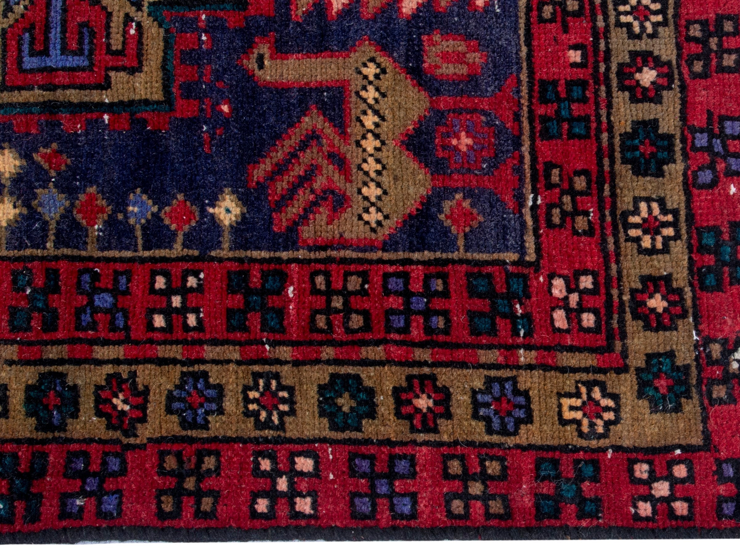 Persian Azerbaijan runner rug in navy and burgundy, view 10 of 19