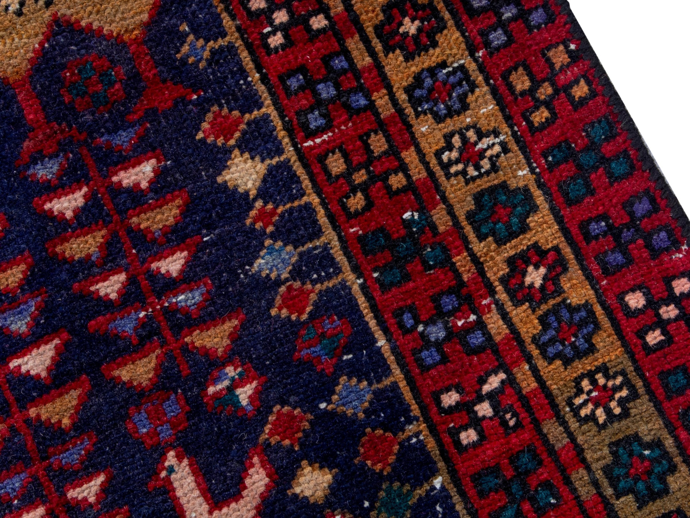 Persian Azerbaijan runner rug in navy and burgundy, view 9 of 19