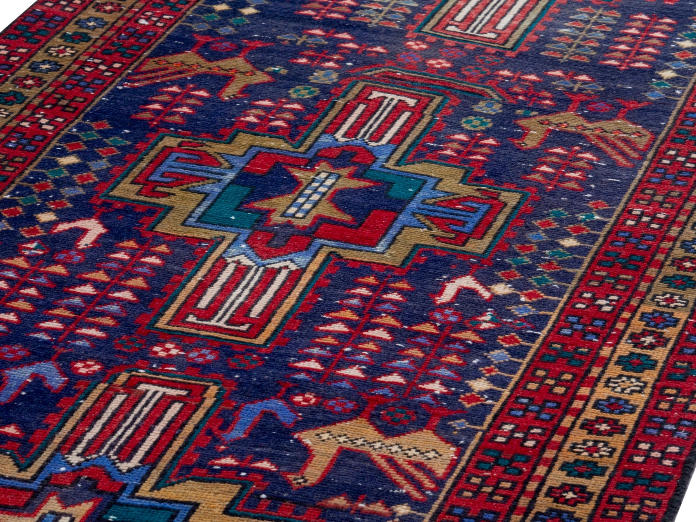 Persian Azerbaijan runner rug in navy and burgundy, view 7 of 19