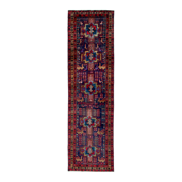 Persian Azerbaijan runner rug in navy and burgundy, 3'2" x 11'2"