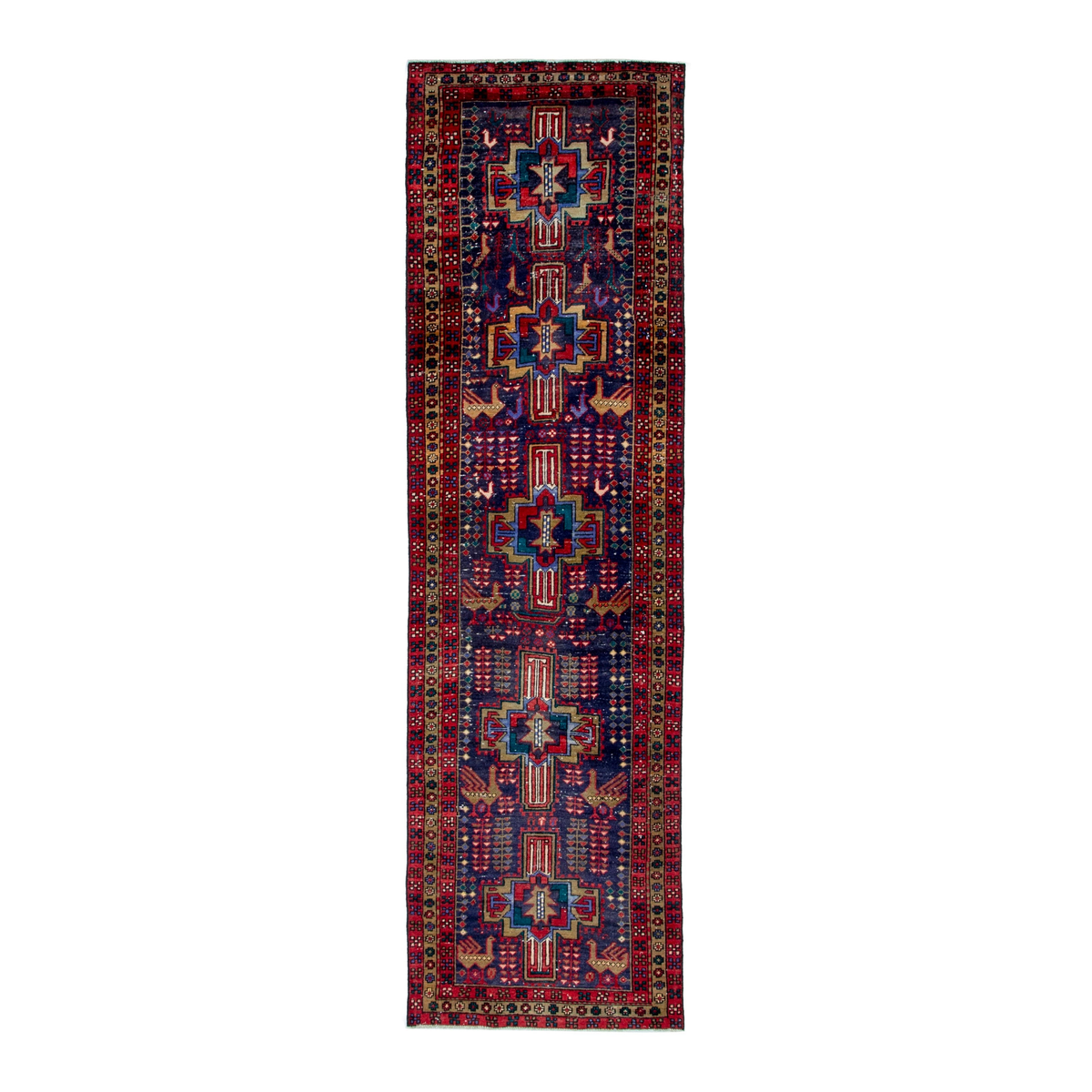 Persian Azerbaijan runner rug in navy and burgundy, 3'2" x 11'2"