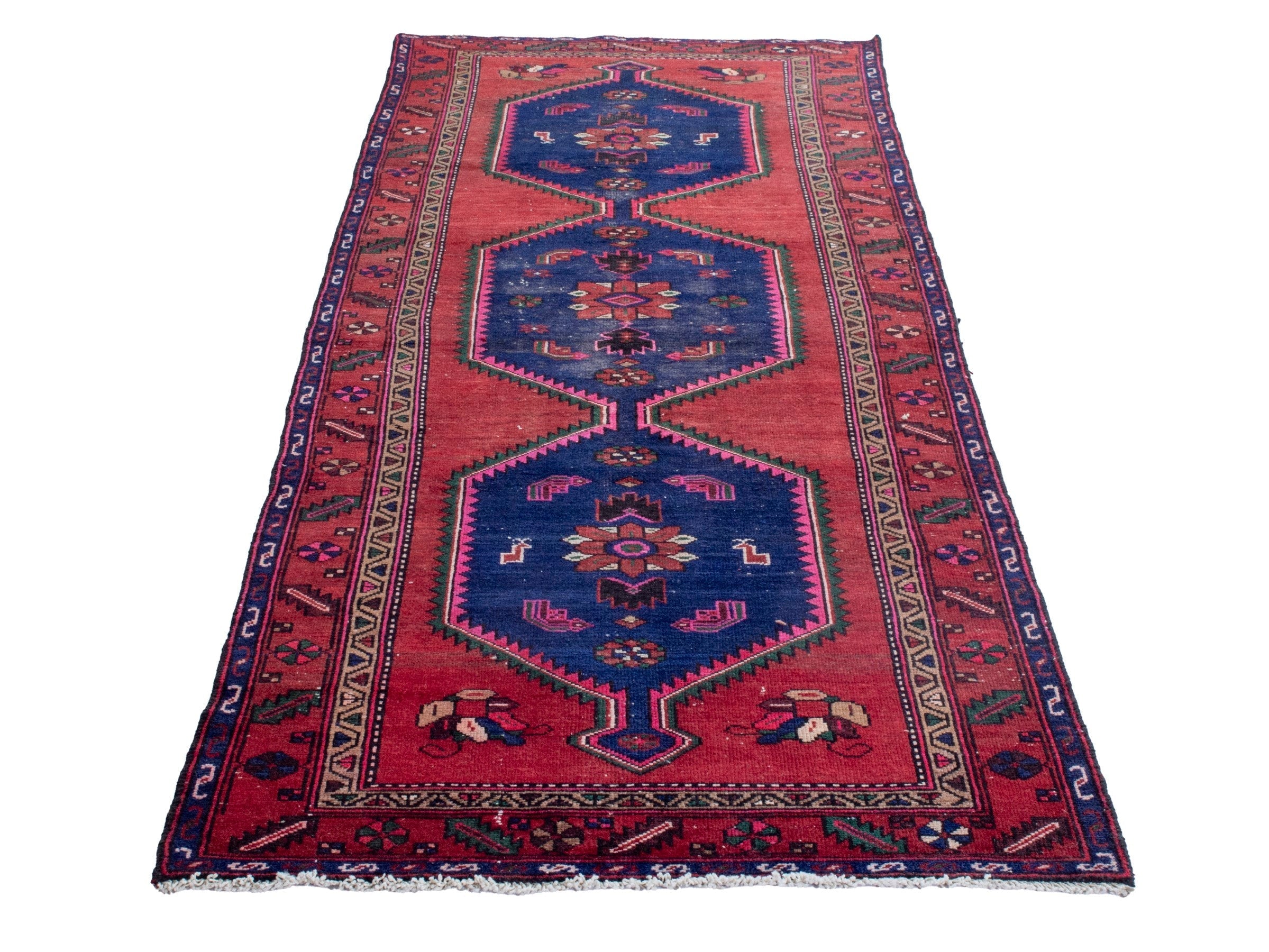 Persian Kashan runner rug in deep red and dark blue, view 2 of 20