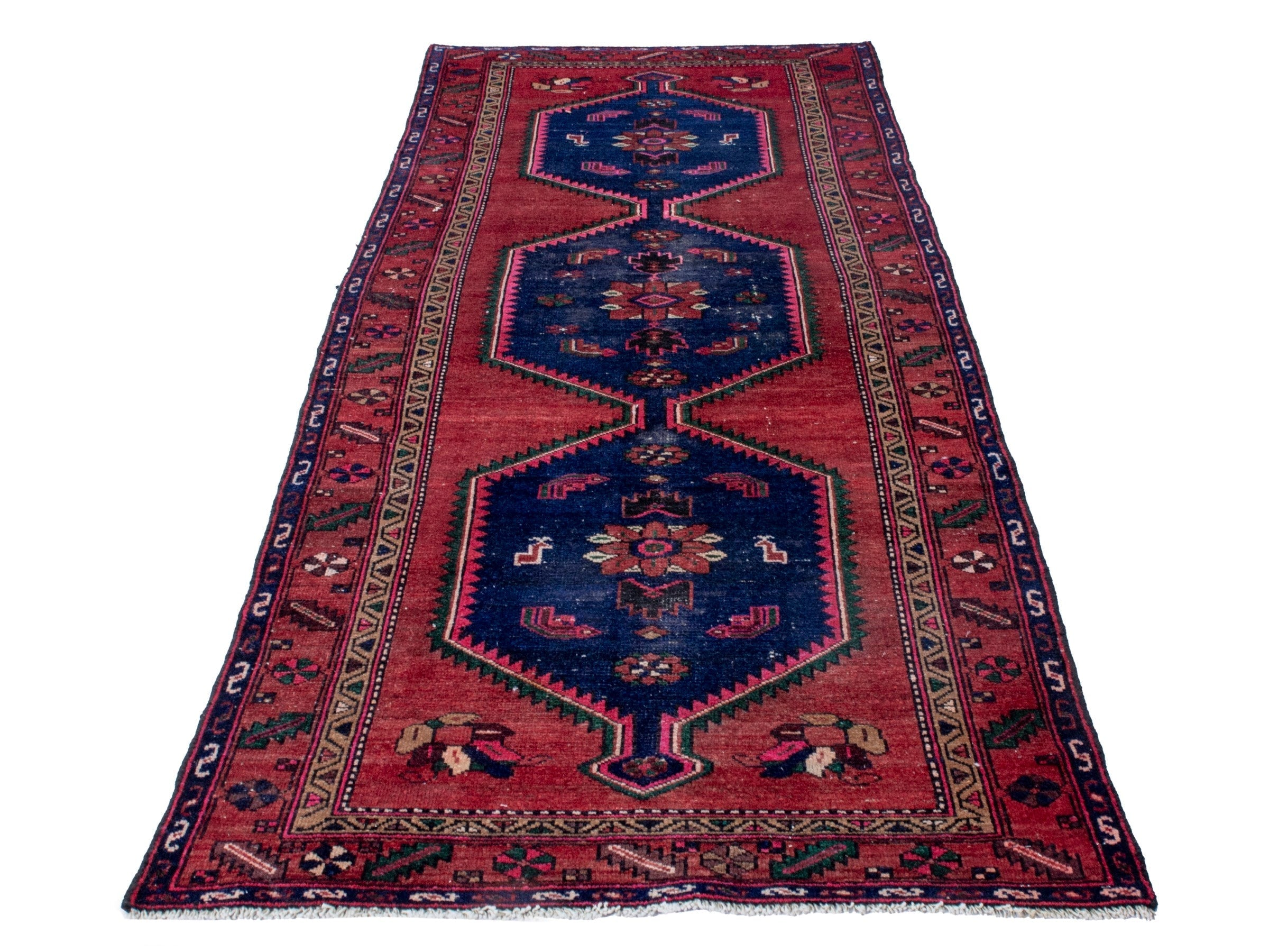 Persian Kashan runner rug in deep red and dark blue, view 3 of 20