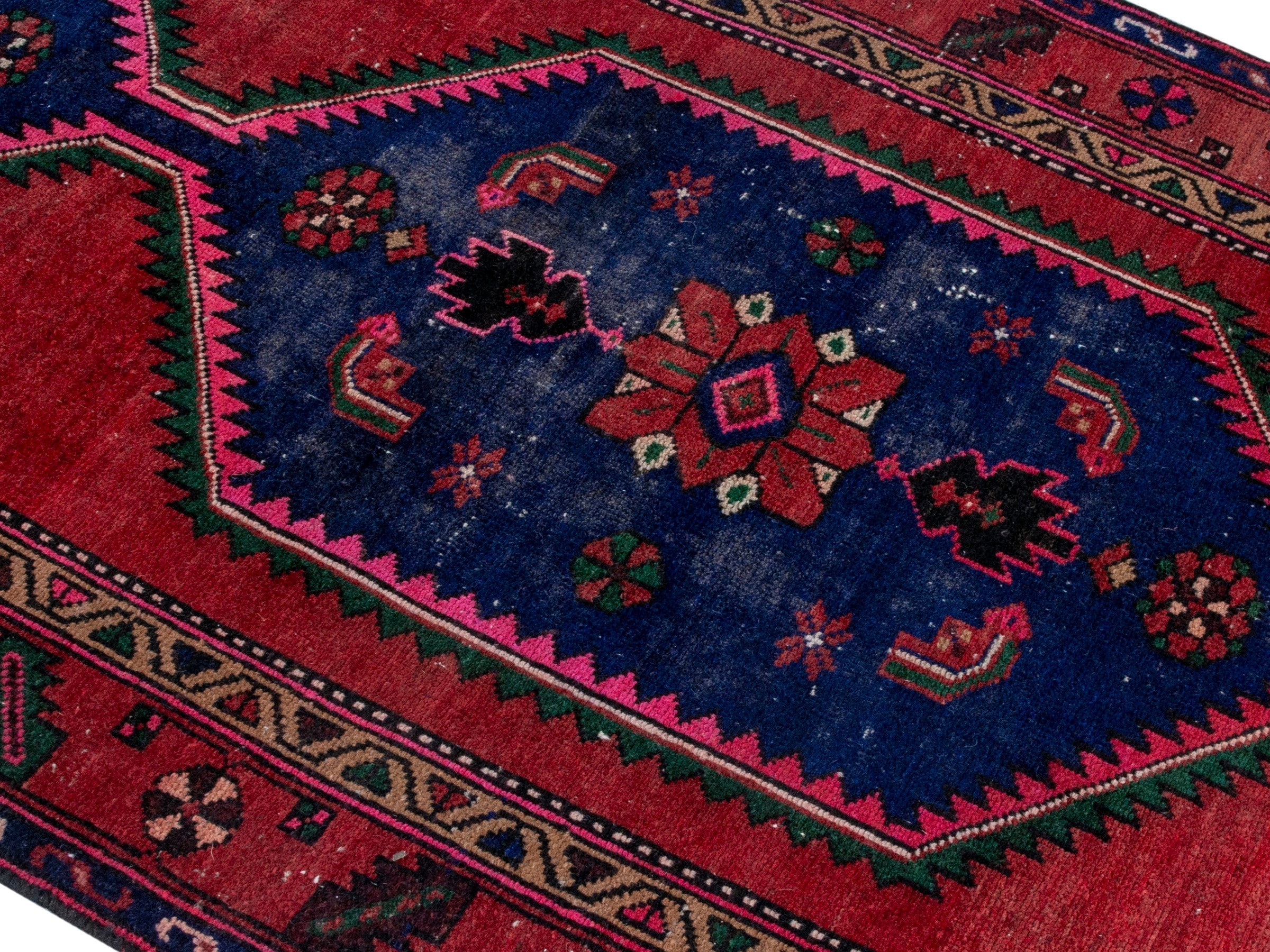Persian Kashan runner rug in deep red and dark blue, view 4 of 20
