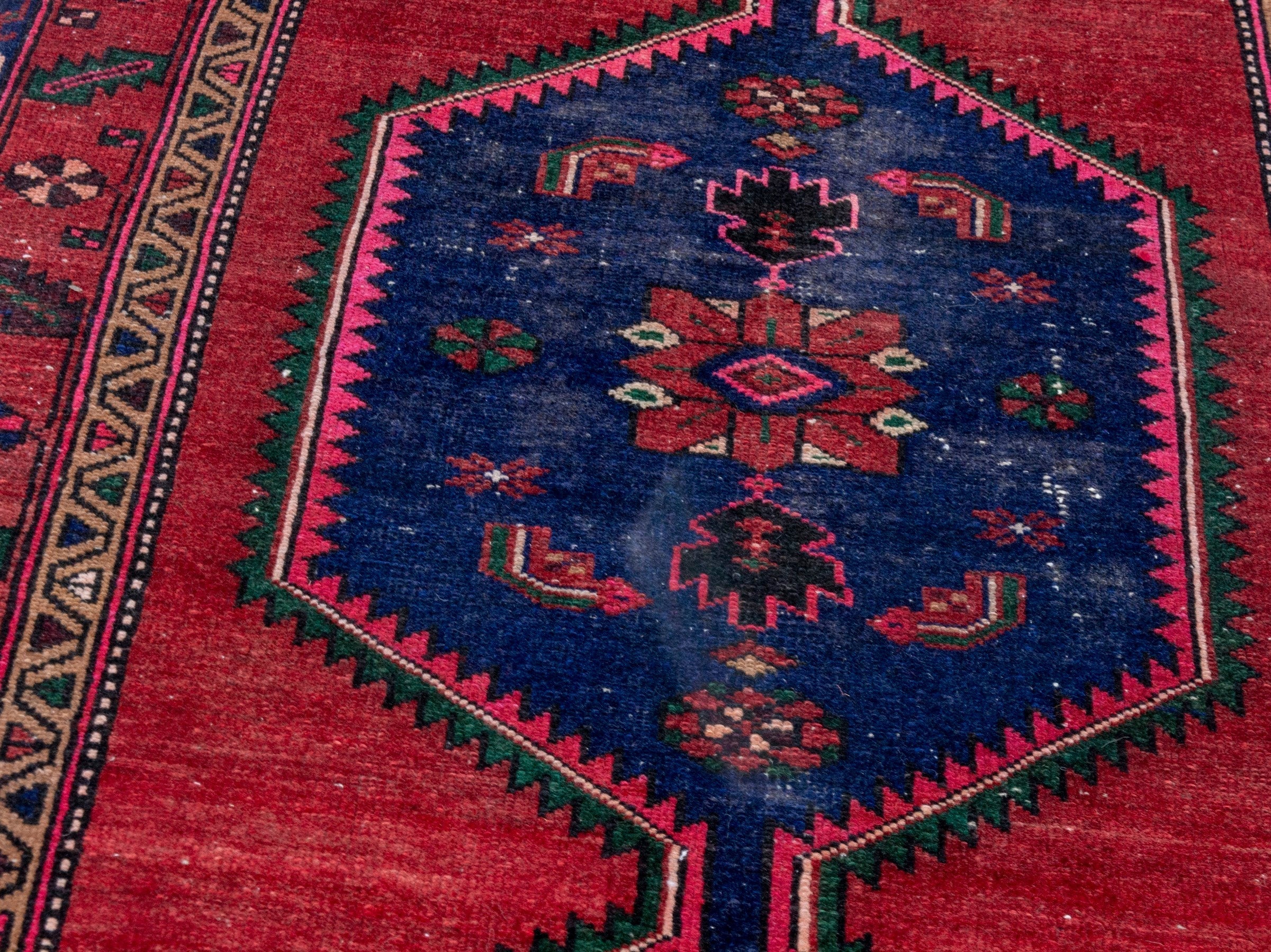 Persian Kashan runner rug in deep red and dark blue, view 9 of 20
