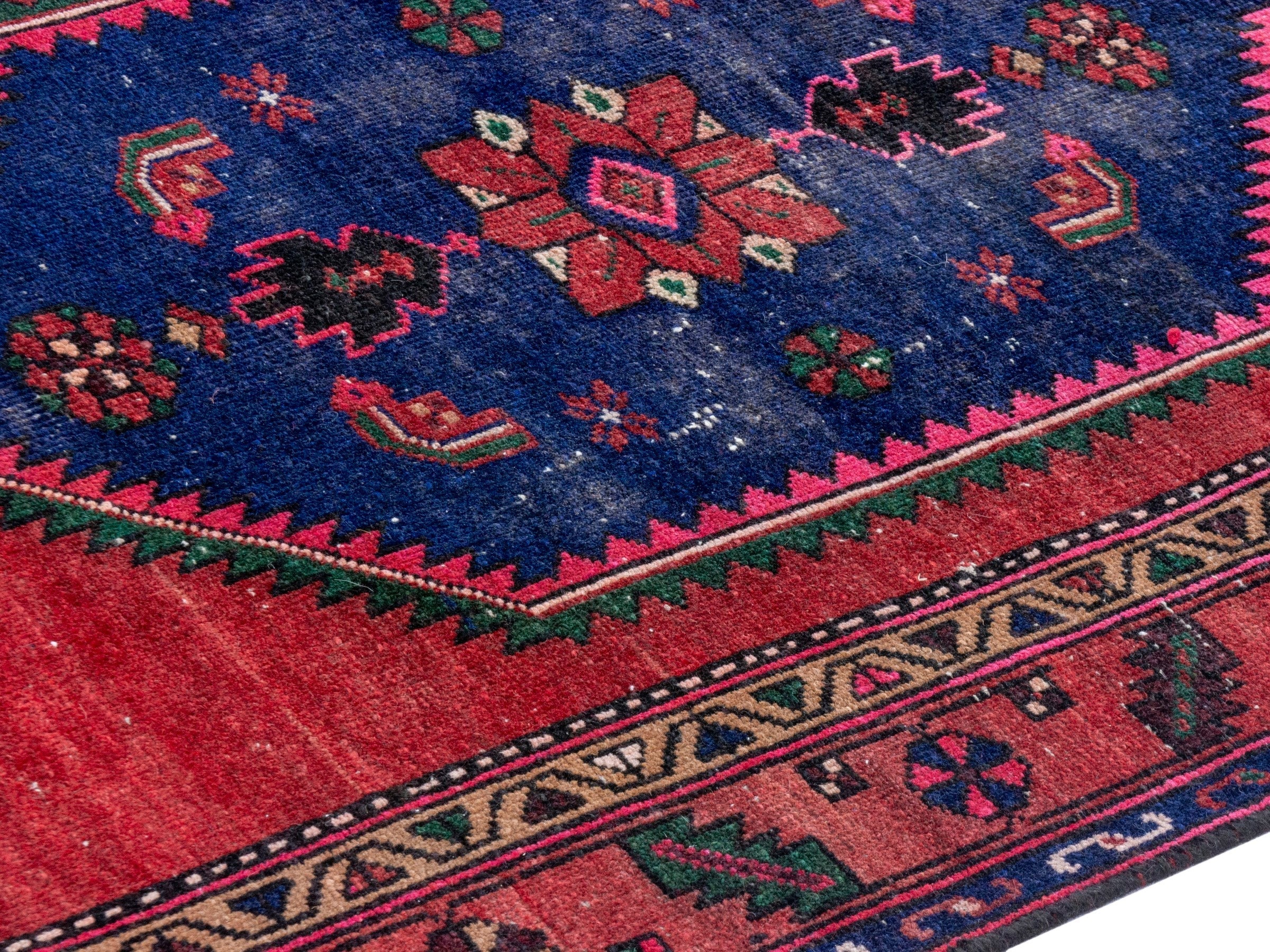 Persian Kashan runner rug in deep red and dark blue, view 6 of 20