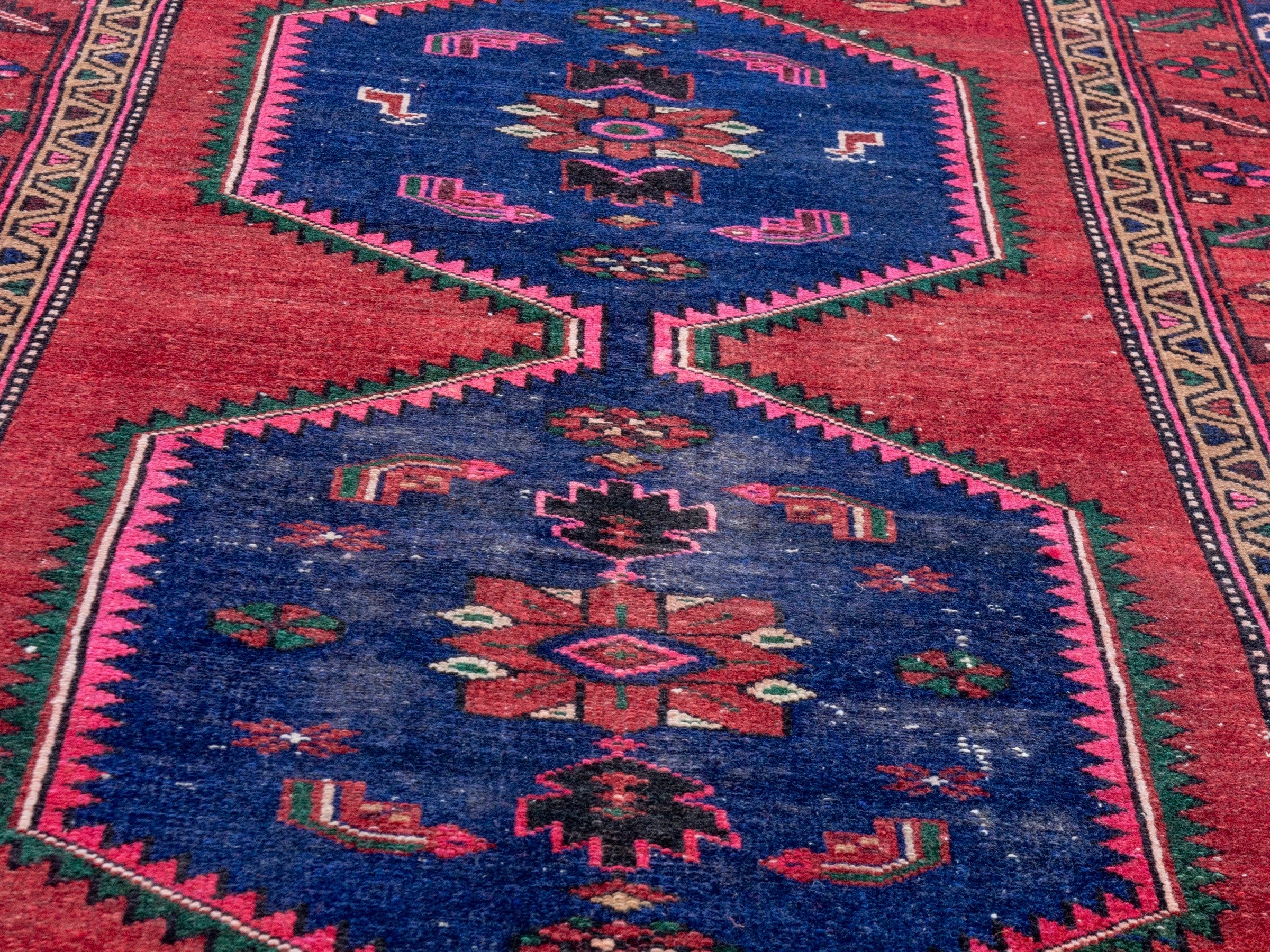 Persian Kashan runner rug in deep red and dark blue, view 7 of 20