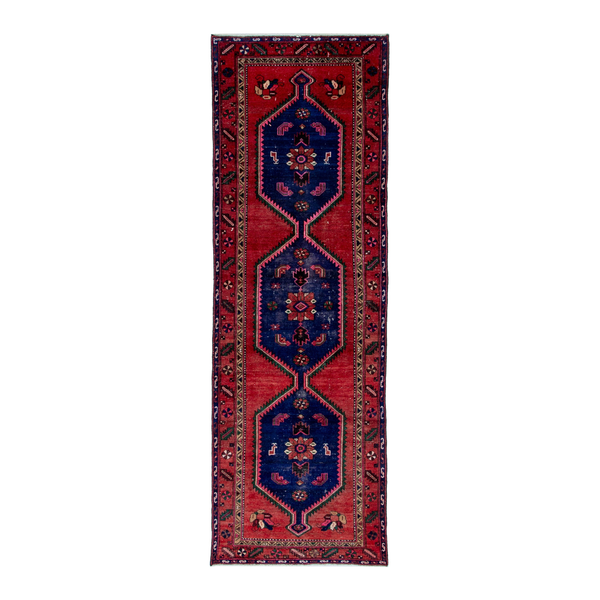 Persian Kashan runner rug in deep red and dark blue, 3'6" x 10'3"