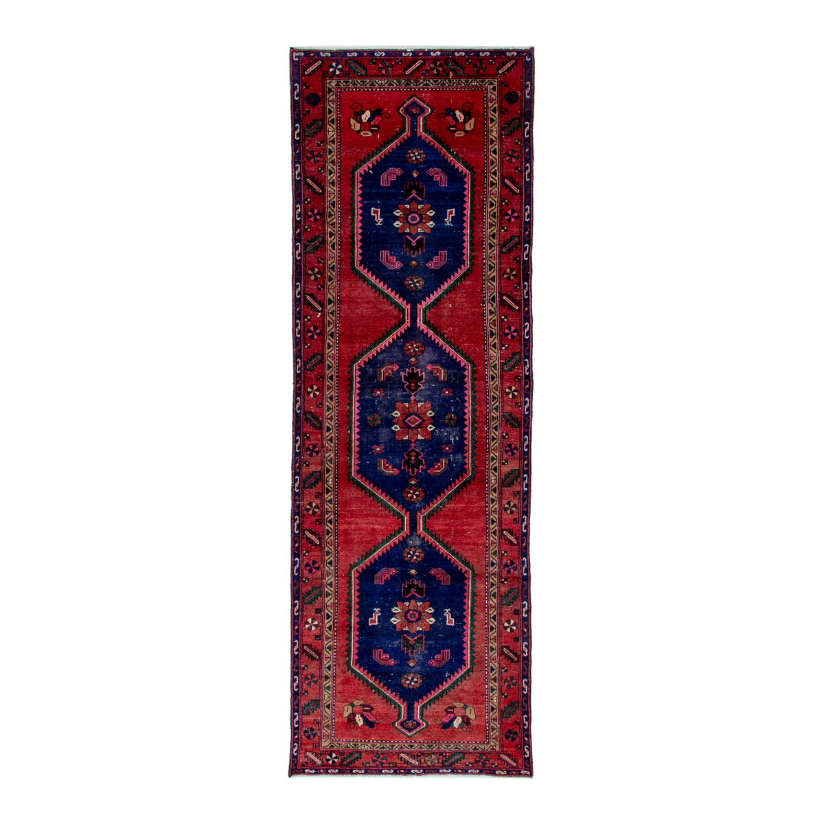 Persian Kashan runner rug in deep red and dark blue, 3'6" x 10'3"