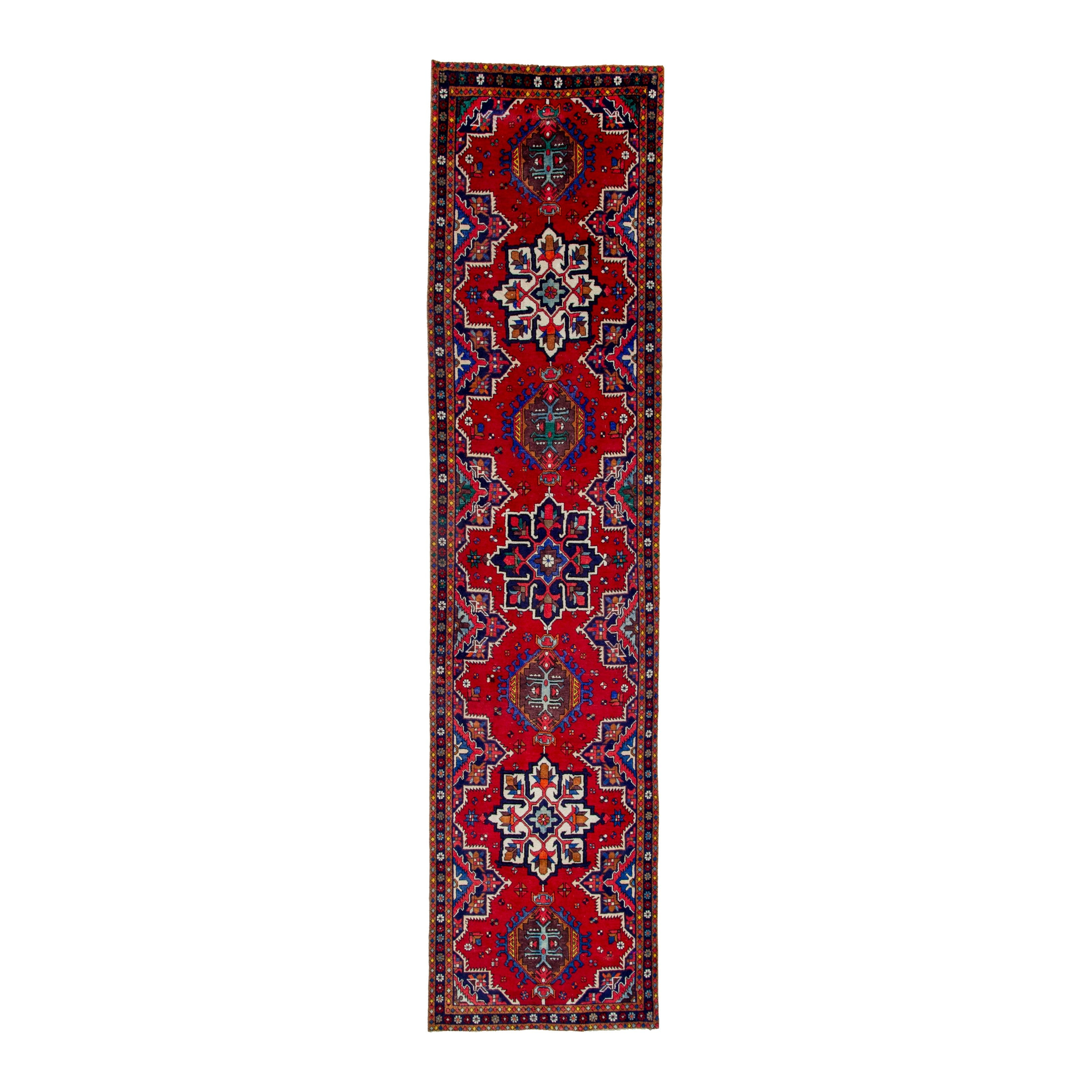 Persian Gorevan runner rug in deep red and cream, 3'8" x 13'3"