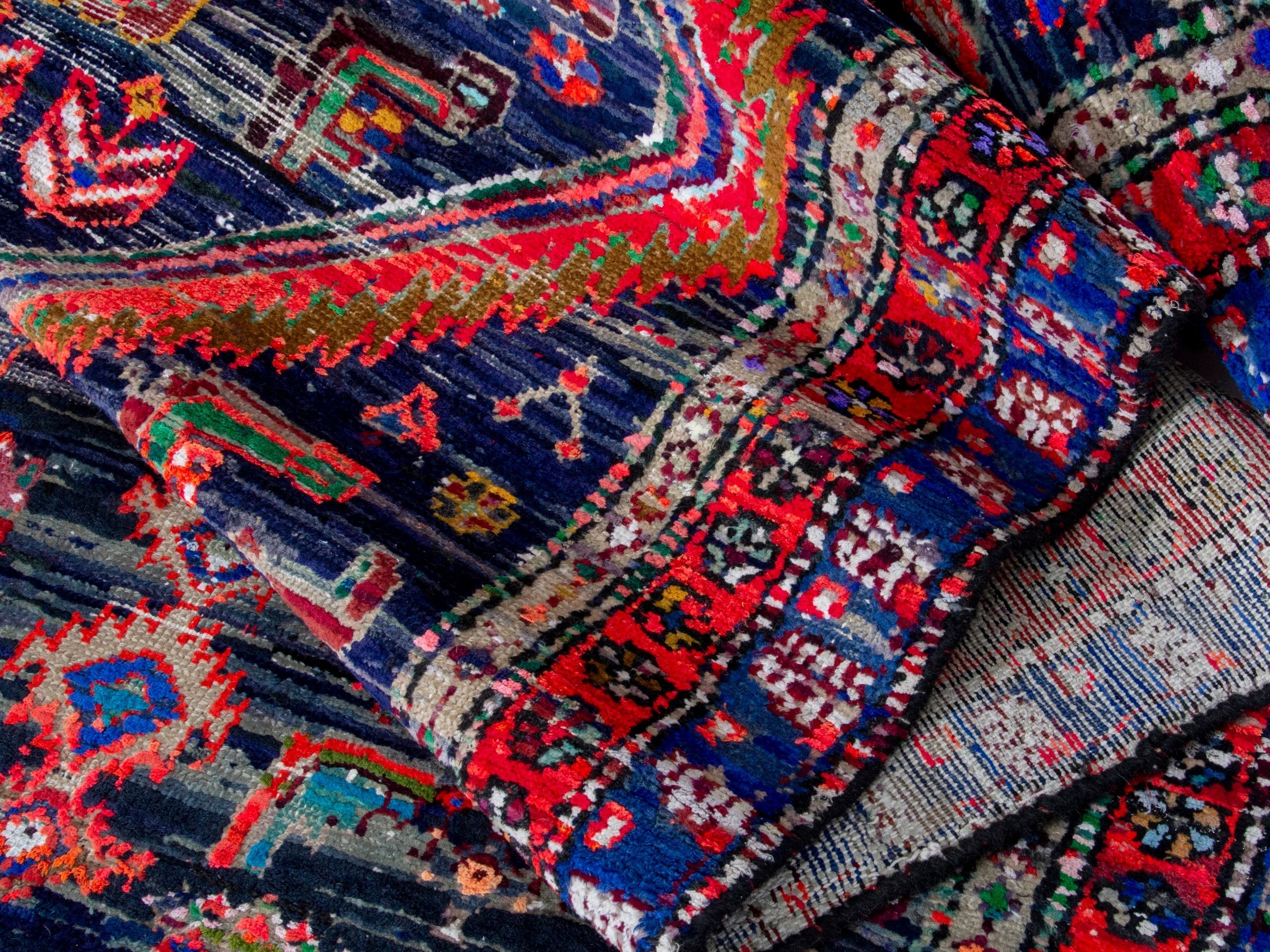 Persian Hamedan runner rug in navy and rust, view 16 of 19