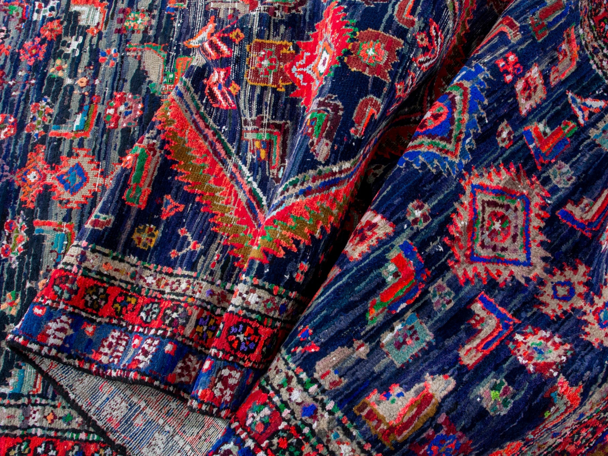Persian Hamedan runner rug in navy and rust, view 17 of 19