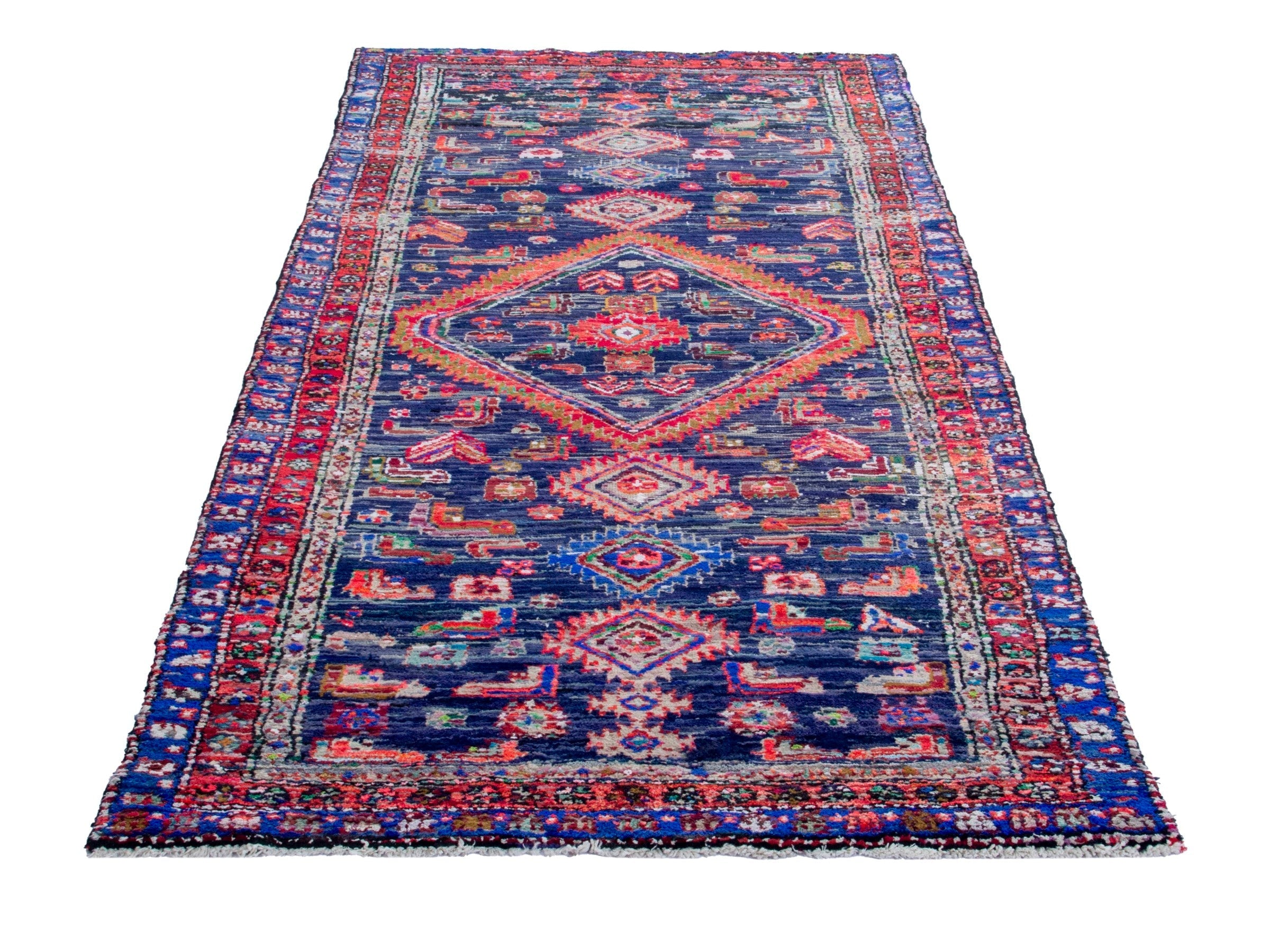 Persian Hamedan runner rug in navy and rust, view 2 of 19