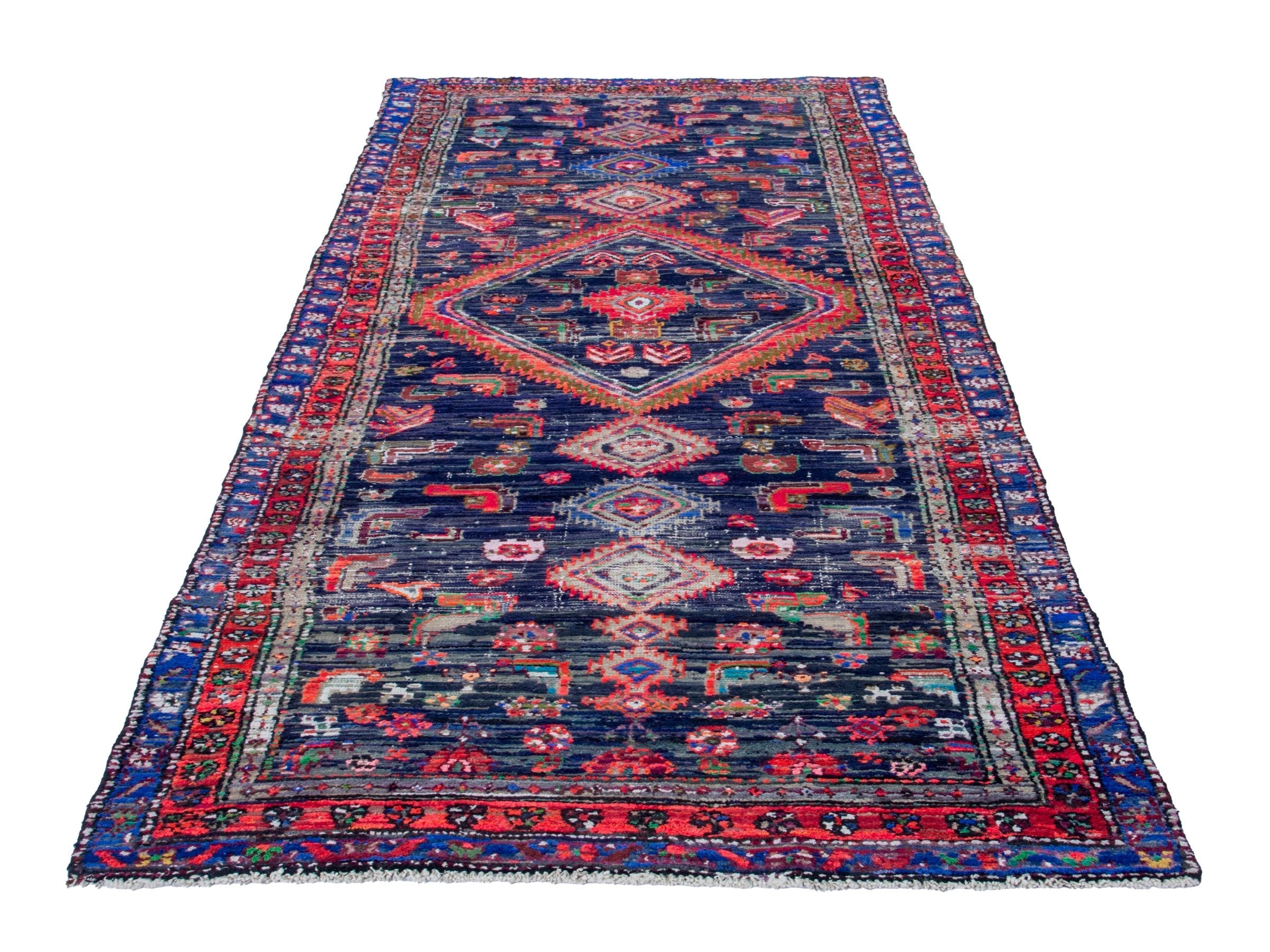 Persian Hamedan runner rug in navy and rust, view 3 of 19
