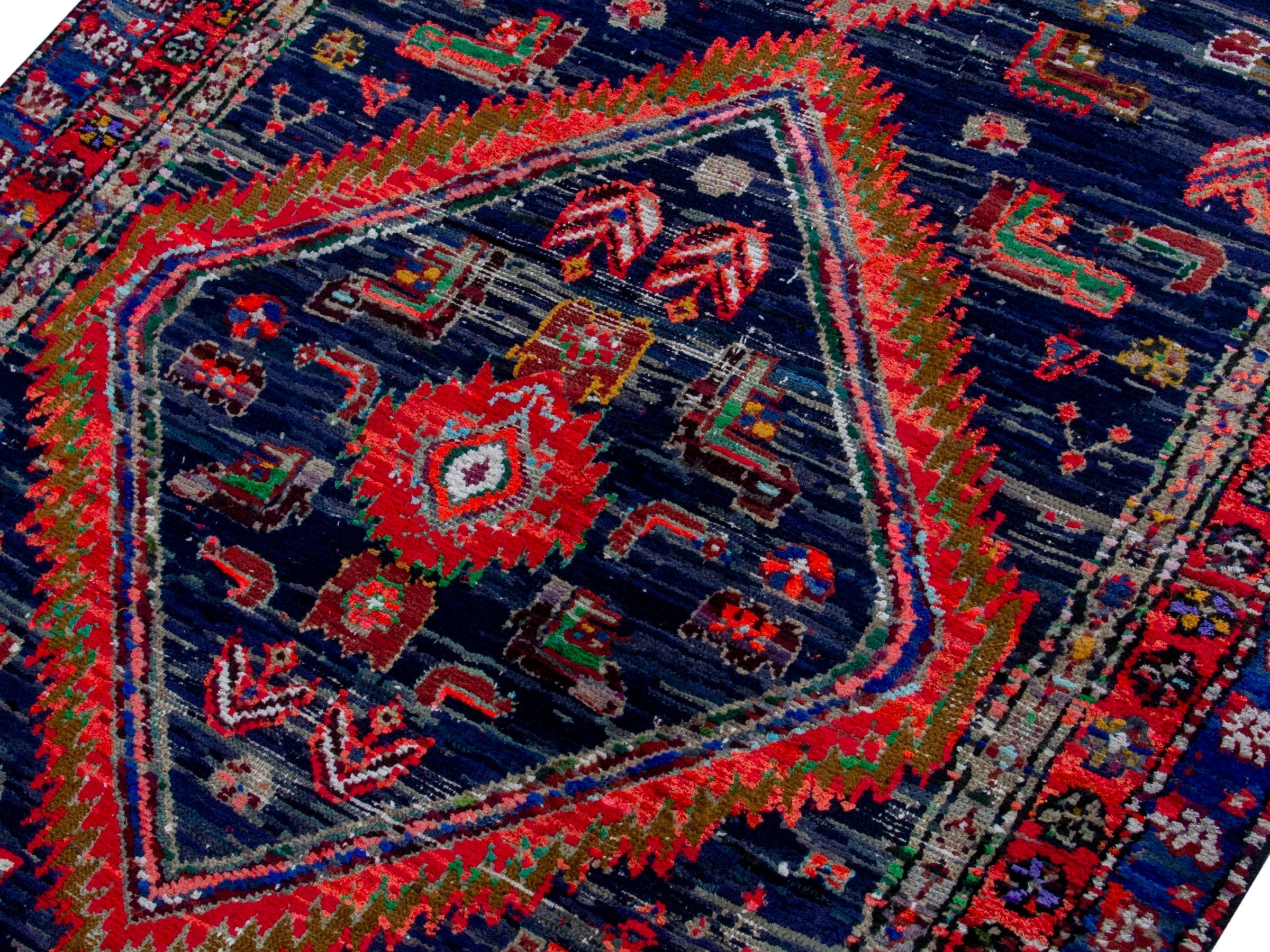 Persian Hamedan runner rug in navy and rust, view 4 of 19