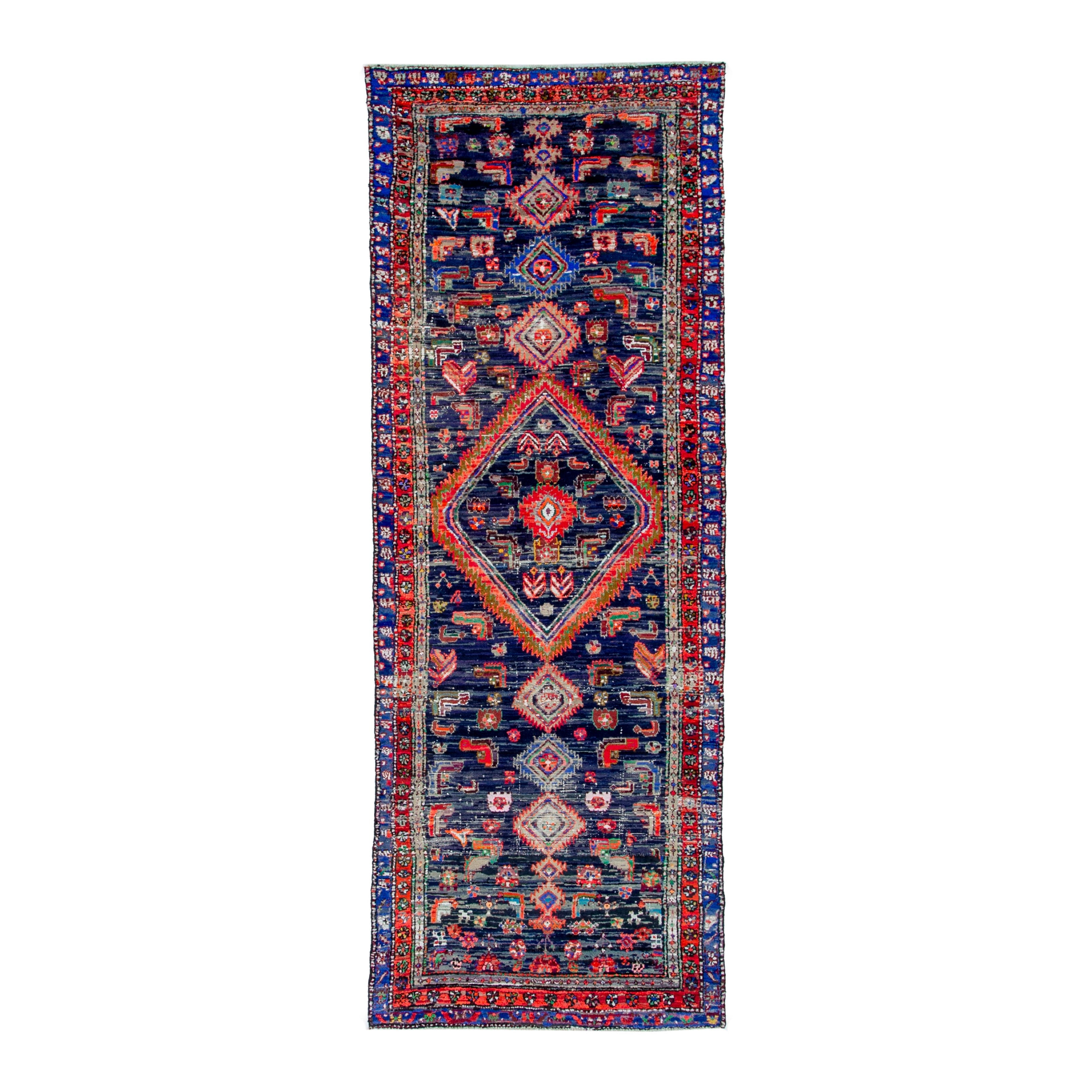 Persian Hamedan runner rug in navy and rust, 3'5" x 9'3"
