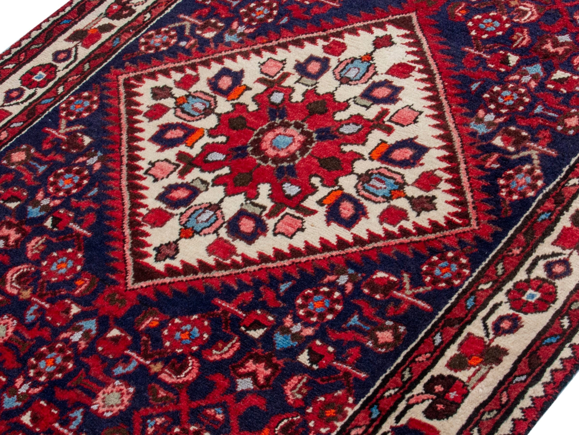 Persian Hamedan runner rug in burgundy and ivory, view 4 of 19