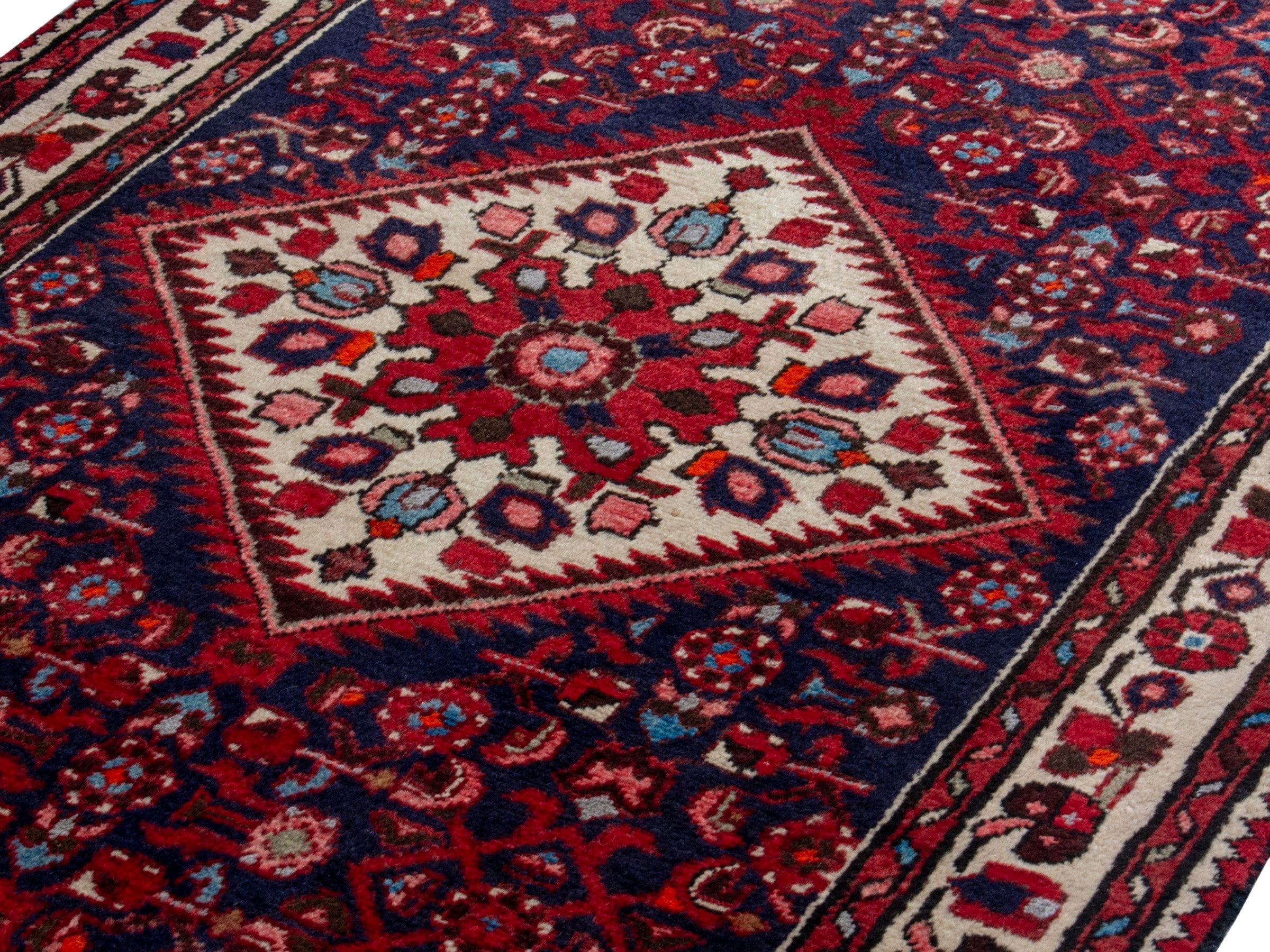 Persian Hamedan runner rug in burgundy and ivory, view 7 of 19