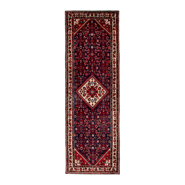Persian Hamadan runner rug in burgundy and ivory, 3'7" x 10'3"
