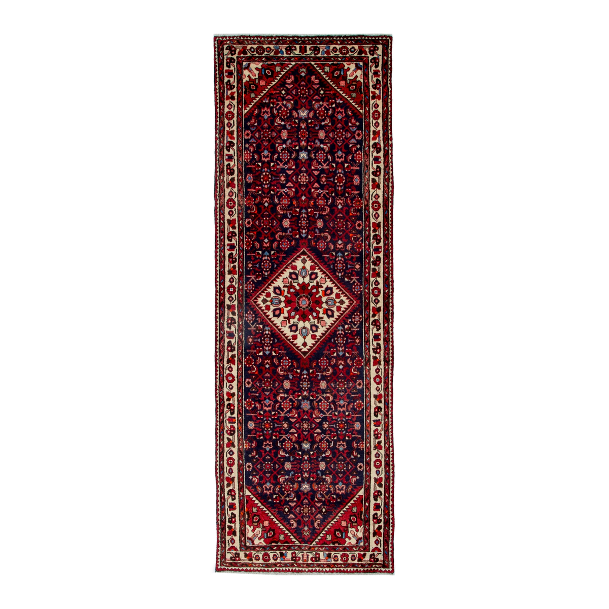 Persian Hamedan runner rug in burgundy and ivory, 3'7" x 10'3"