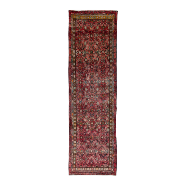 Persian Lori runner rug in burgundy and cream, 3'10" x 12'