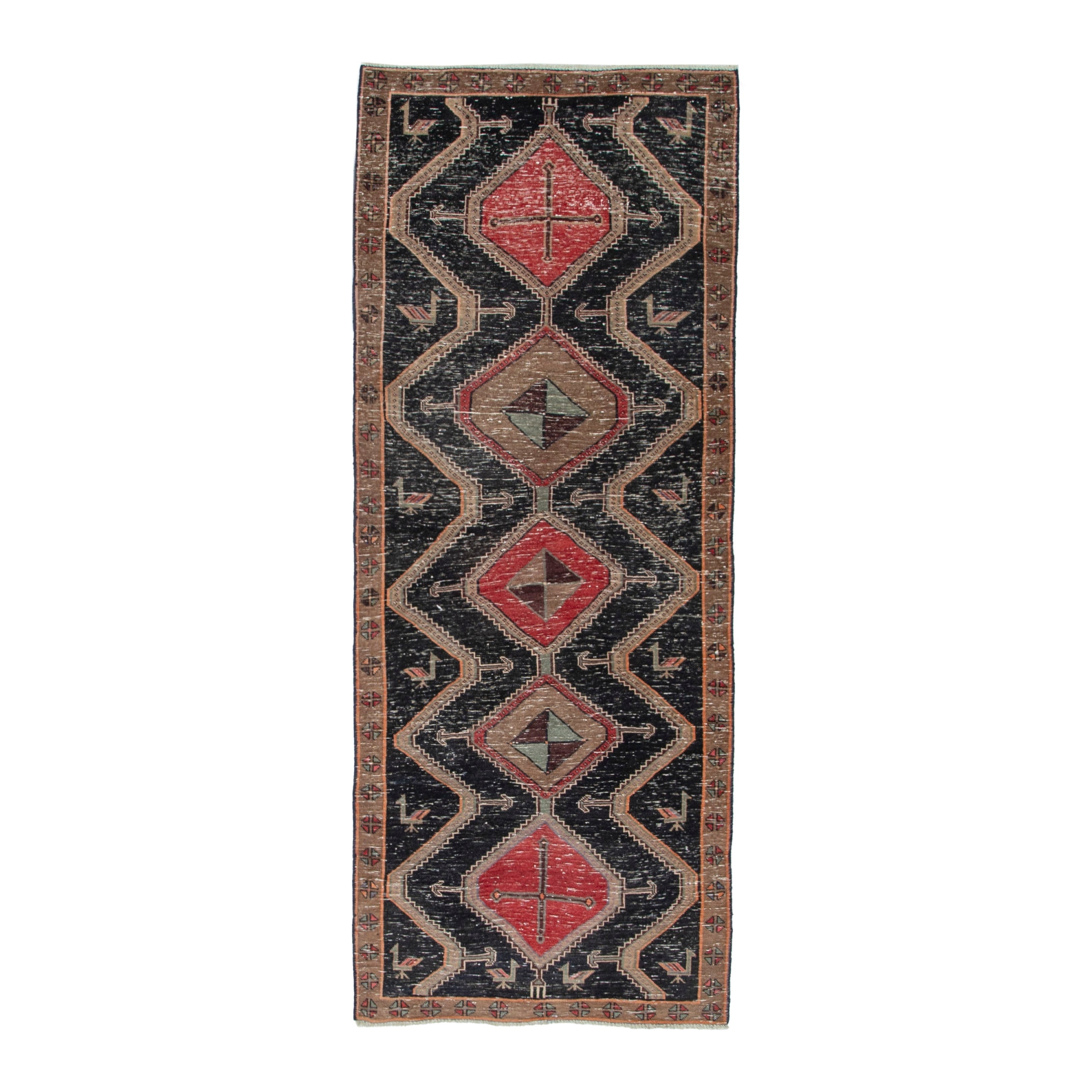 Persian Songhor runner rug in navy and cream, 3'5" x 8'6"