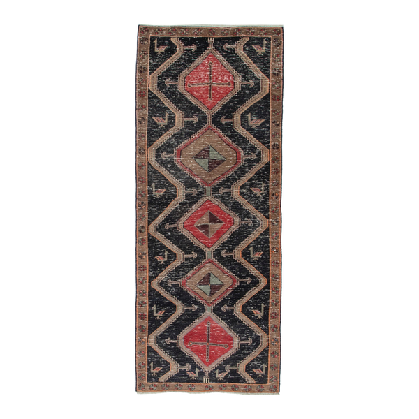 Persian Songhor runner rug in navy and cream, 3'5" x 8'6"