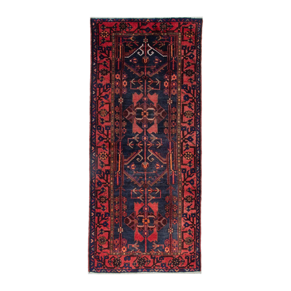 Persian Zanjan runner rug in deep indigo and deep red, 3'7" x 7'10"