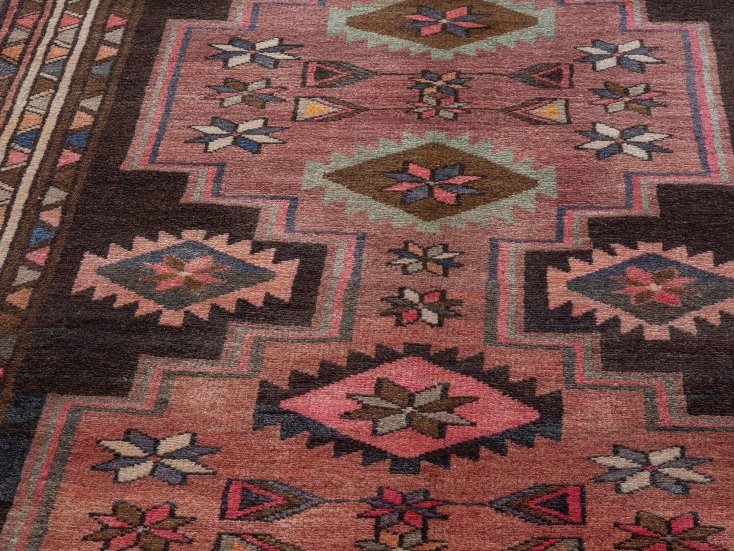Persian Azerbaijan runner rug in muted pink and dark brown, view 8 of 18