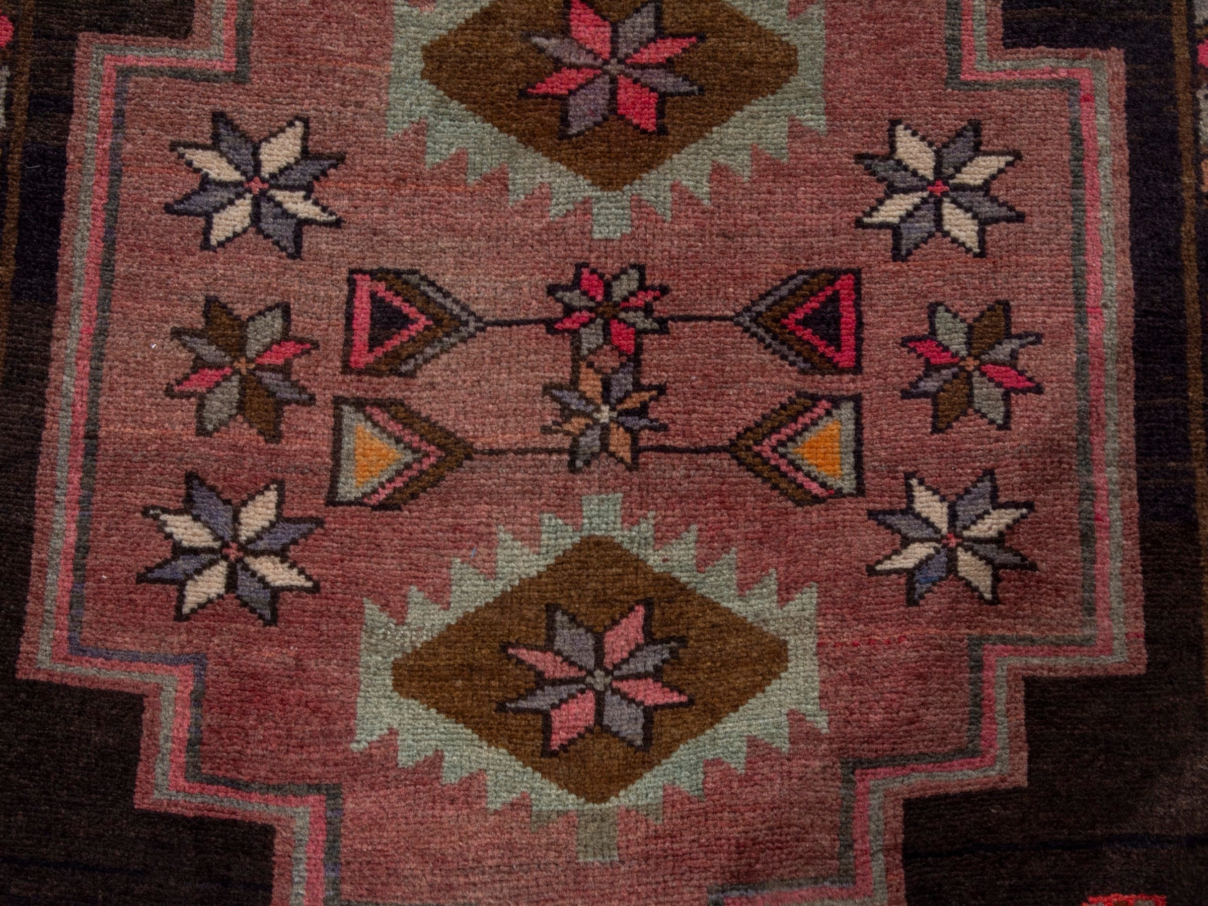 Persian Azerbaijan runner rug in muted pink and dark brown, view 12 of 18