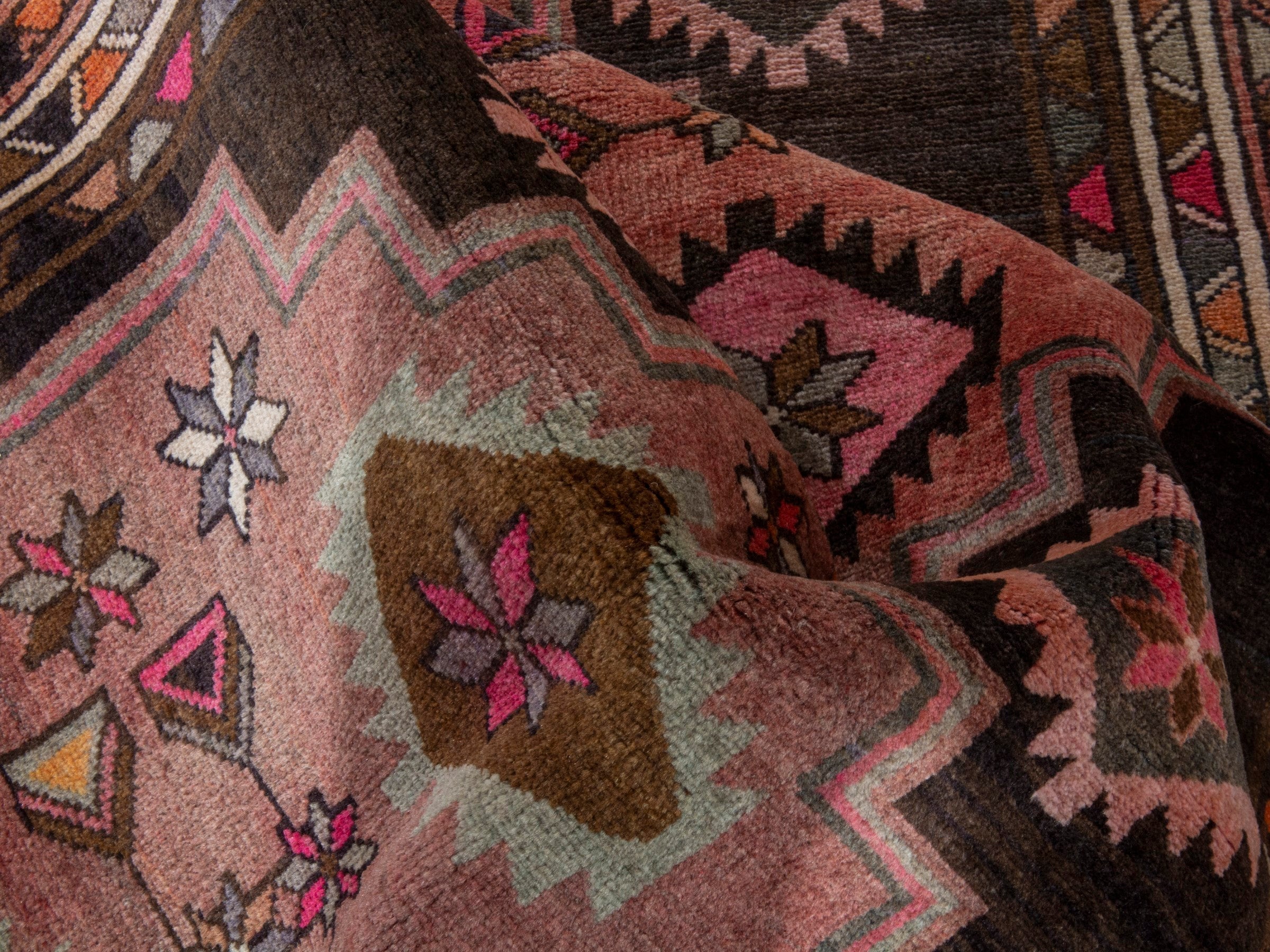Persian Azerbaijan runner rug in muted pink and dark brown, view 15 of 18